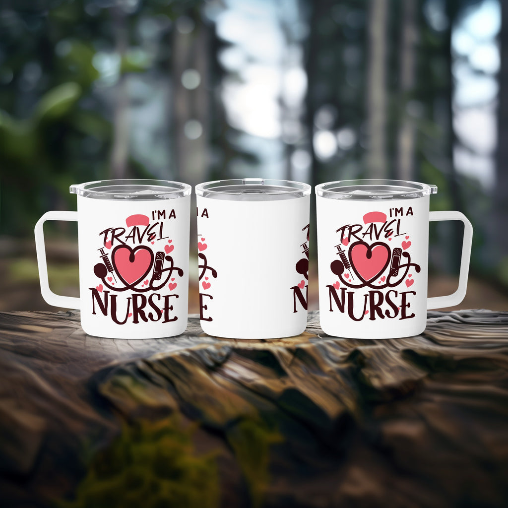 Travel nurse tumbler with "I'm a travel nurse" and heart stethoscope design.