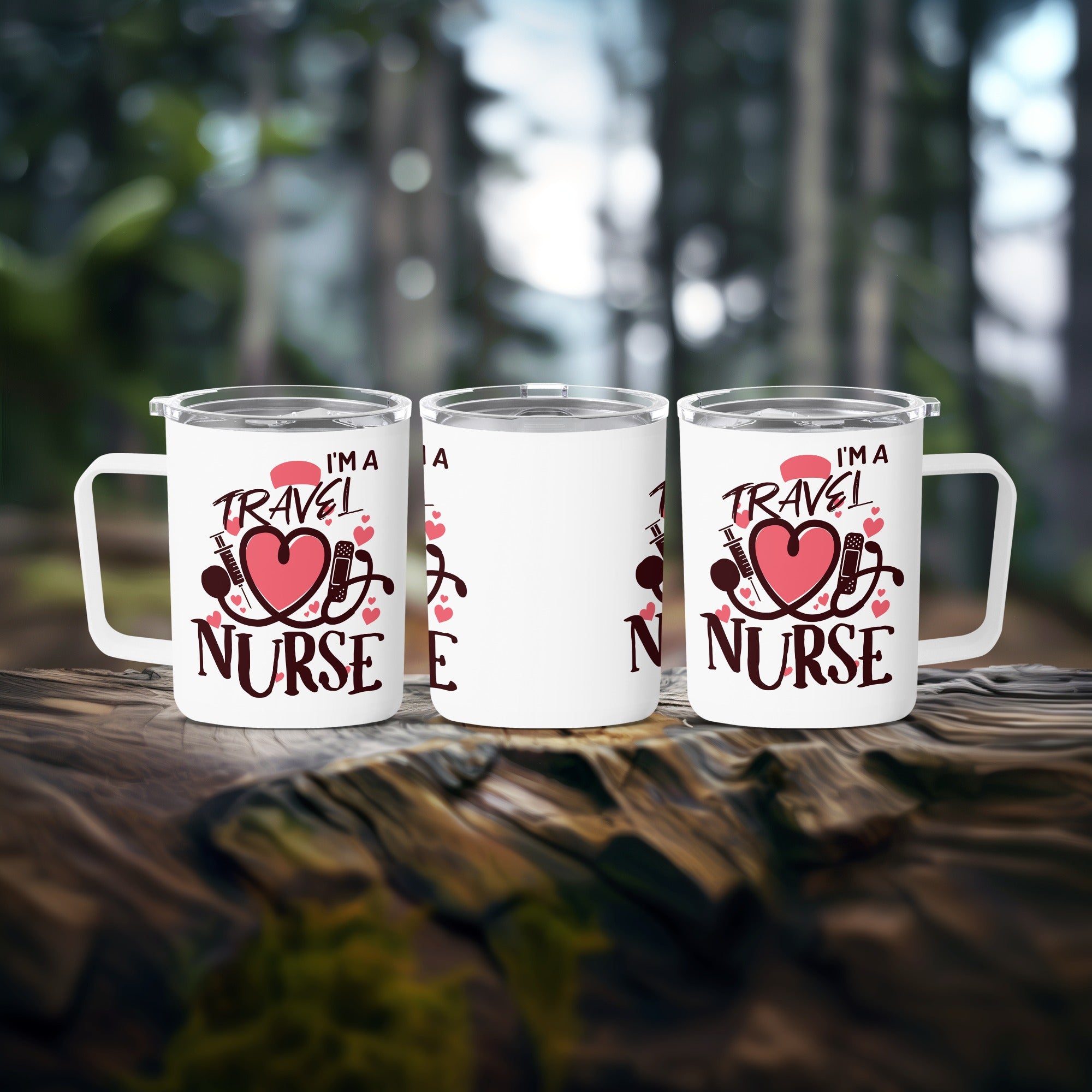 Travel nurse tumbler with "I'm a travel nurse" and heart stethoscope design.