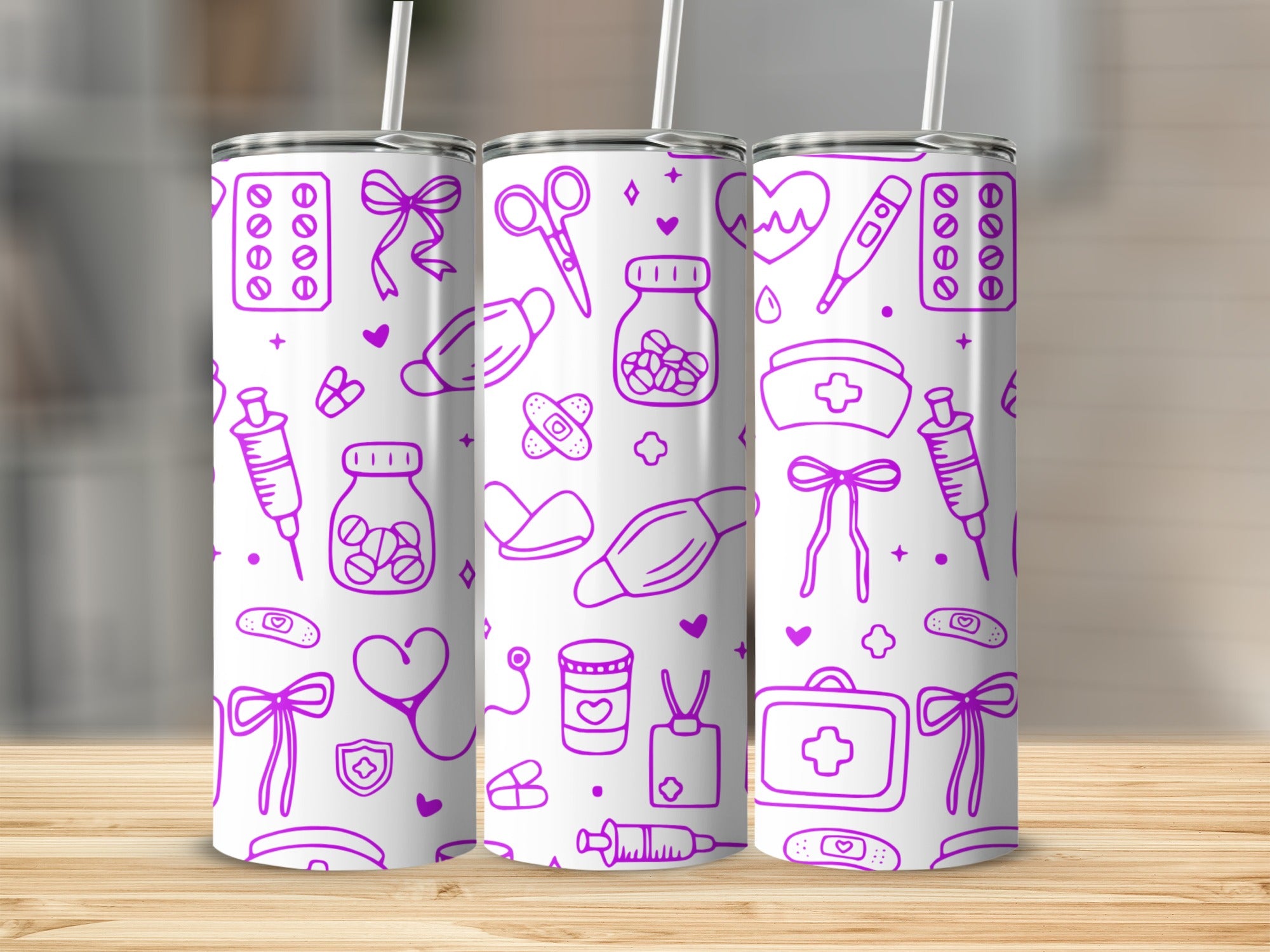 Medical-themed tumbler with purple line art of heart, syringe, stethoscope, and mask.