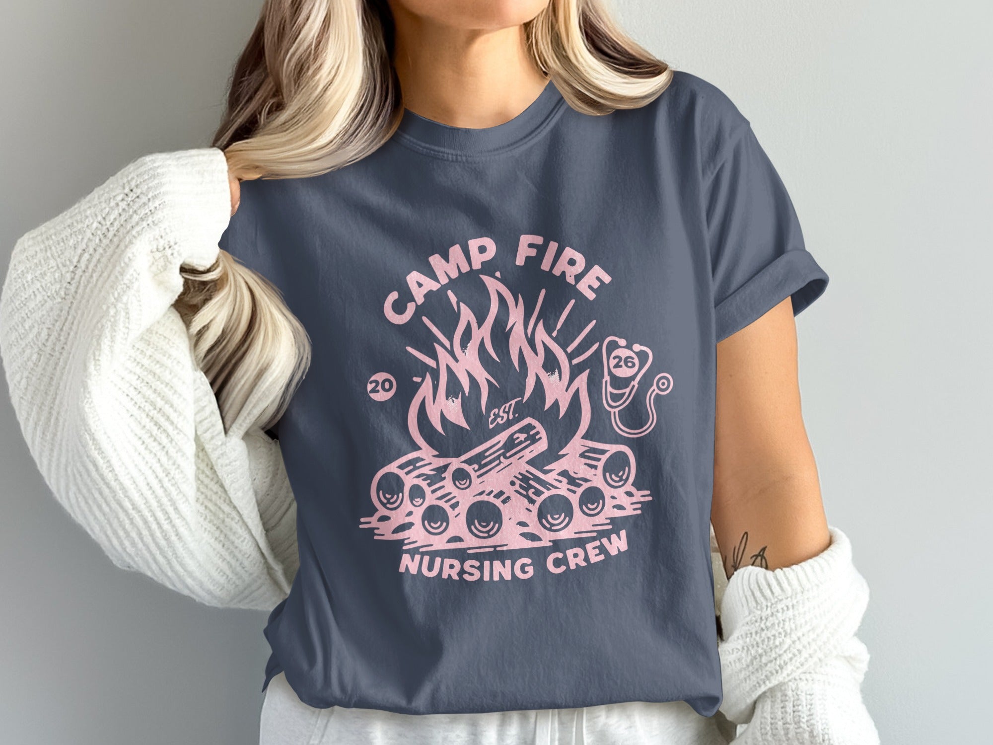 Camp Fire Nursing Crew t-shirt with campfire and stethoscope design.