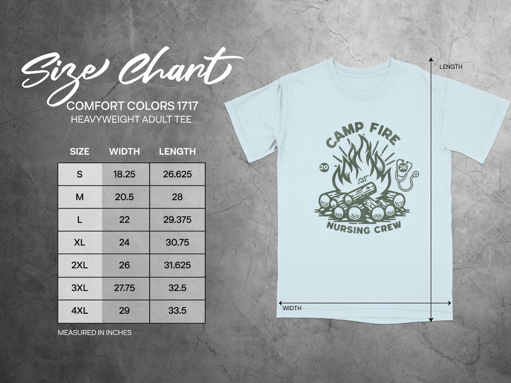 Size chart for Comfort Colors 1717 heavyweight adult tee, measured in inches.