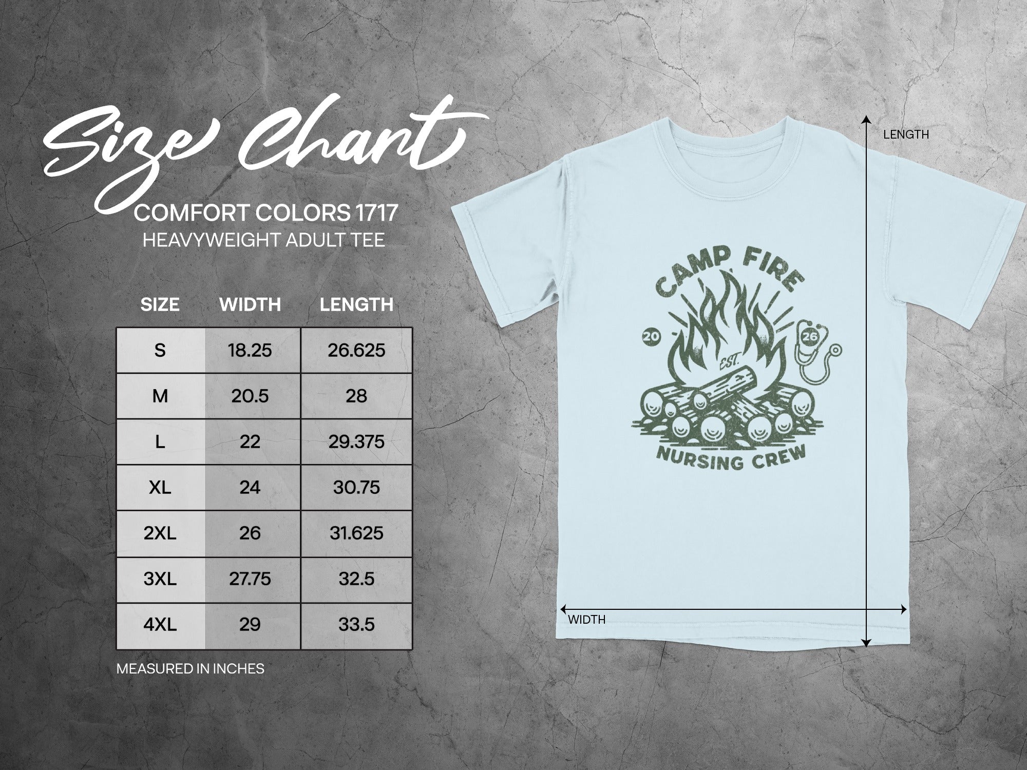 Size chart for Comfort Colors 1717 heavyweight adult tee, measured in inches.