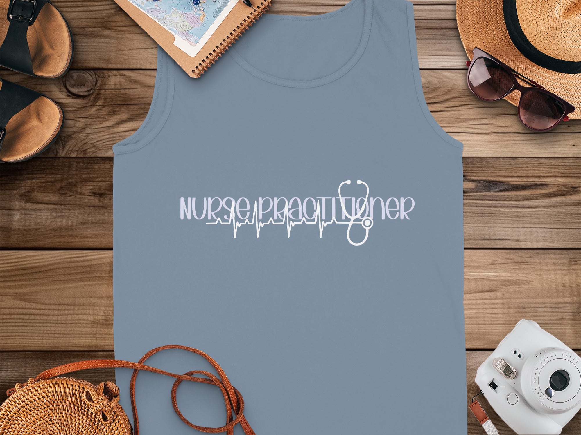 Grey tank top with "Nurse Practitioner" text and stethoscope design.