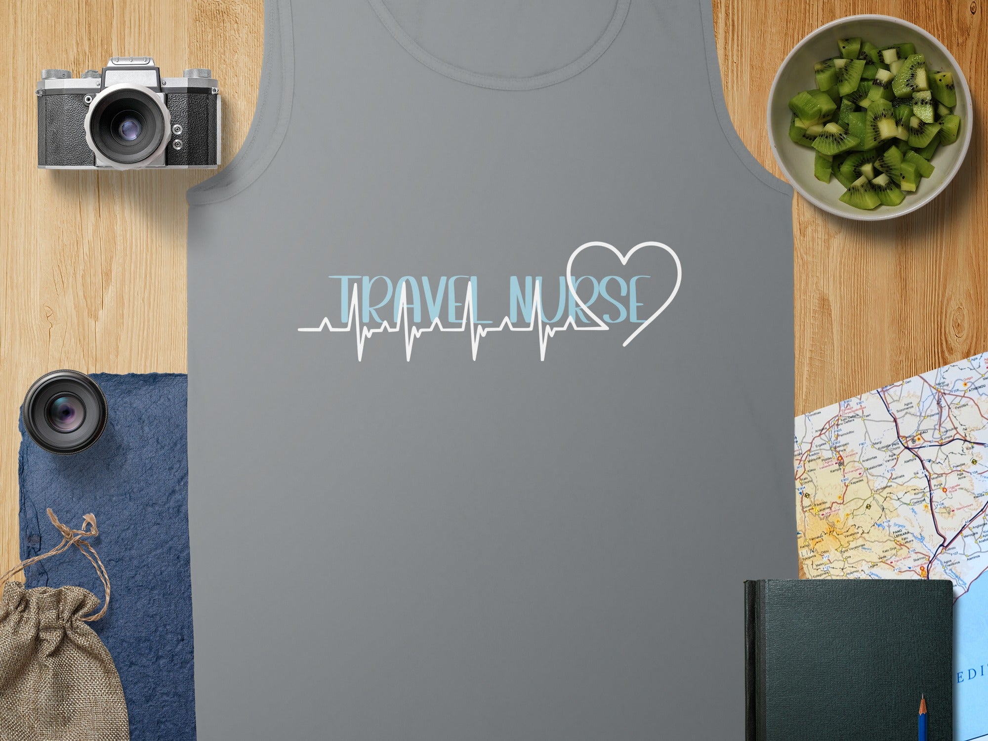 Gray tank top with "Travel Nurse" and heartbeat graphic.