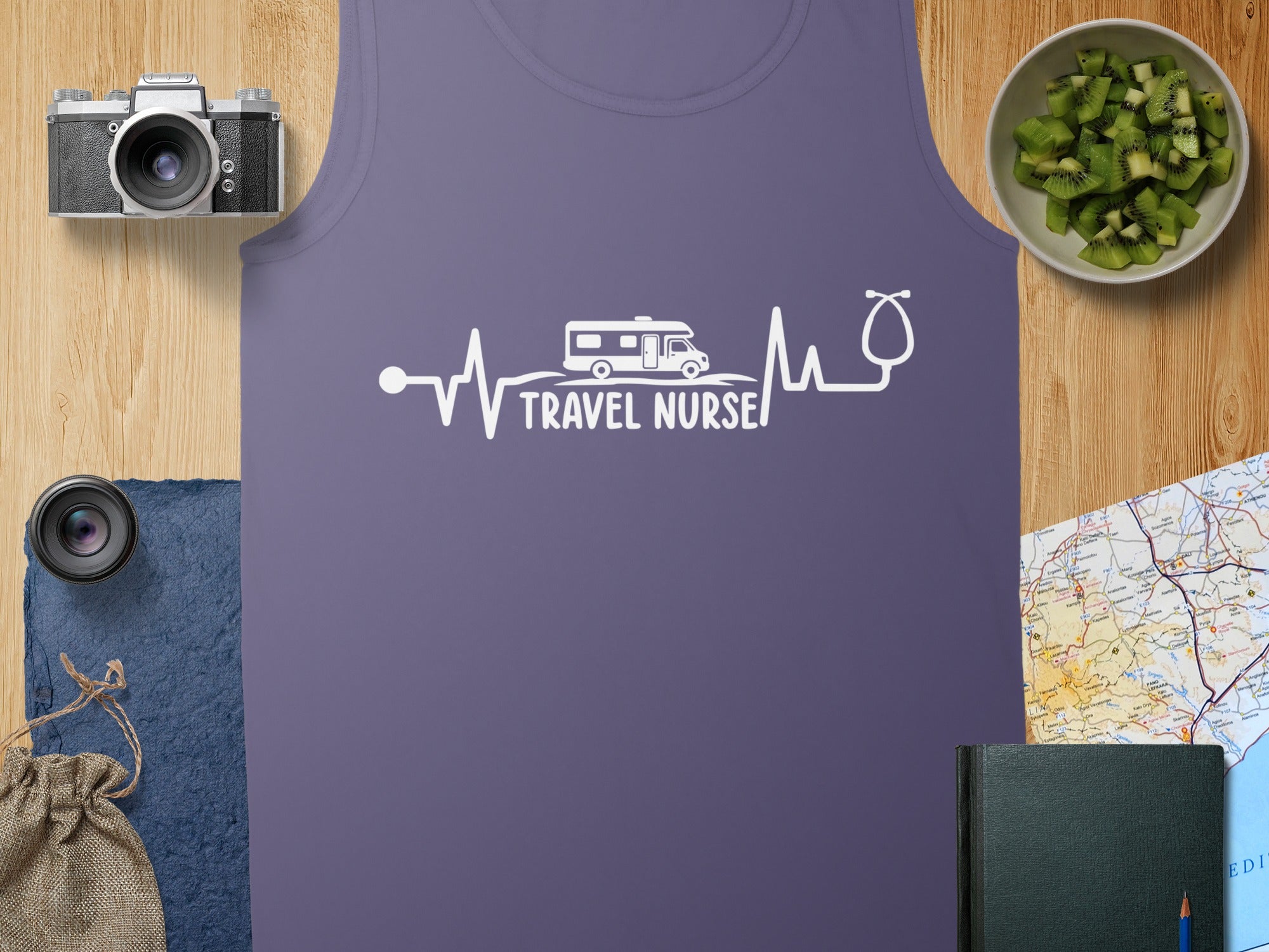 Tank top with a heartbeat line, RV, and "TRAVEL NURSE" text.