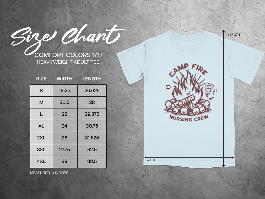 Comfort Colors 1717 size chart for heavyweight adult tees.