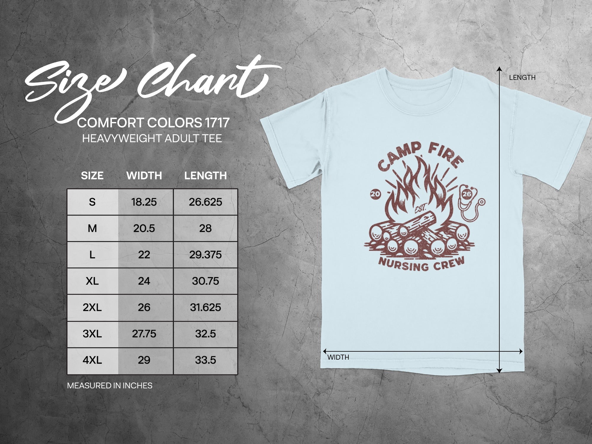 Comfort Colors 1717 size chart for heavyweight adult tees.