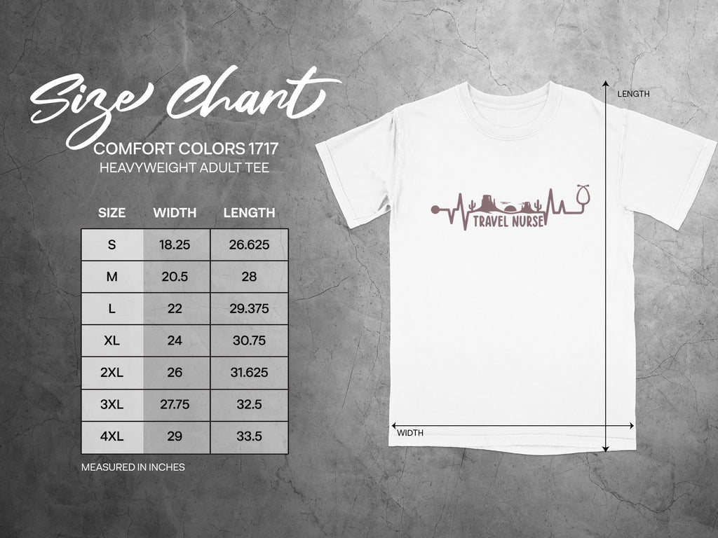 Size chart for Comfort Colors 1717 Heavyweight Adult Tee, showing measurements in inches.