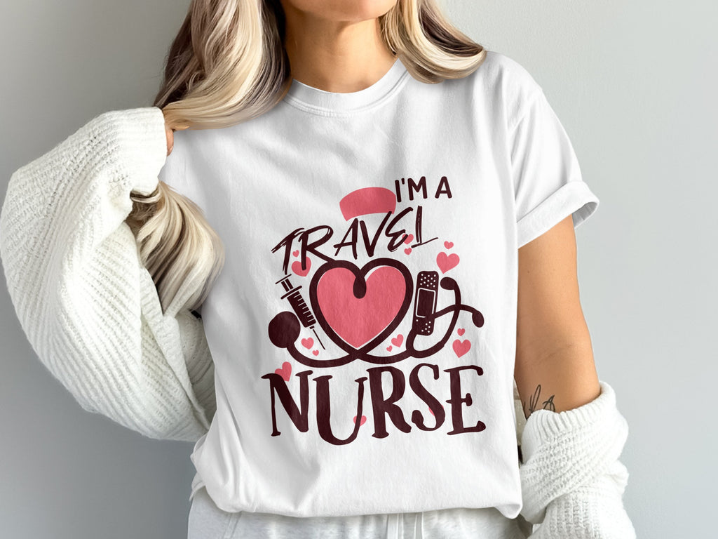 White t-shirt with "I'm a Travel Nurse" text and medical icons.