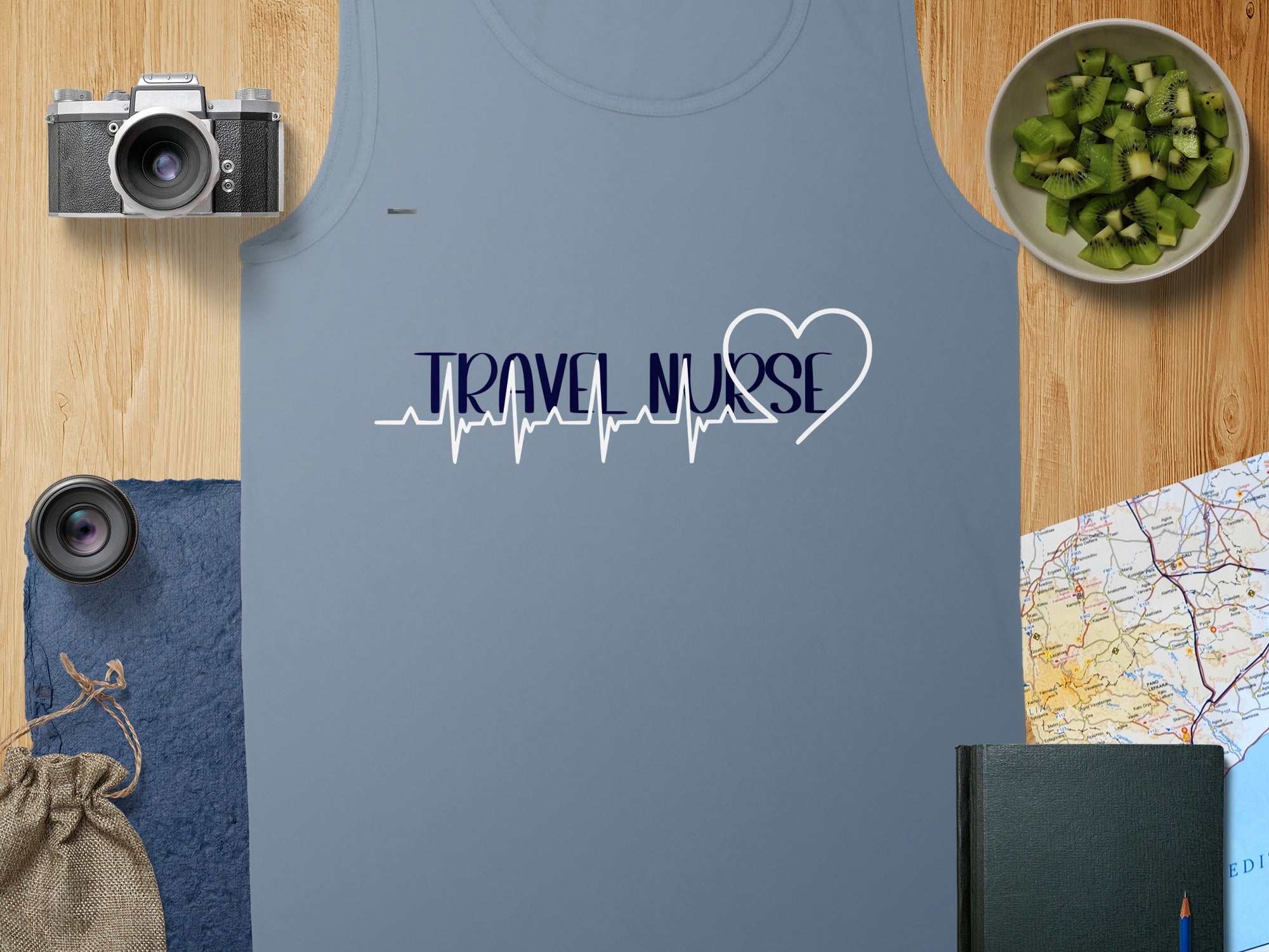 Tank top with "TRAVEL NURSE" and a heart-shaped EKG line.