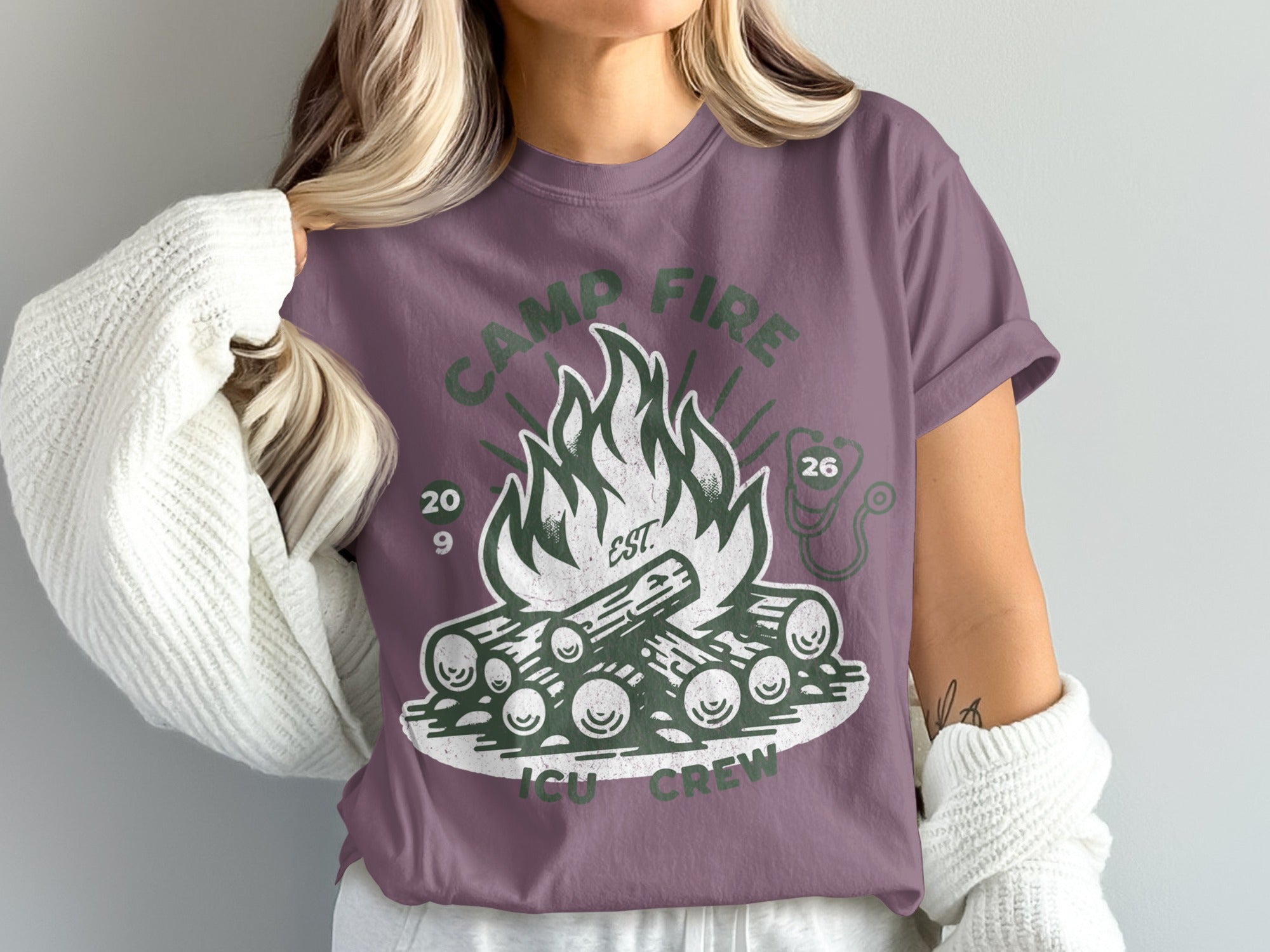 Camp Fire ICU Crew shirt with a campfire graphic and stethoscope.