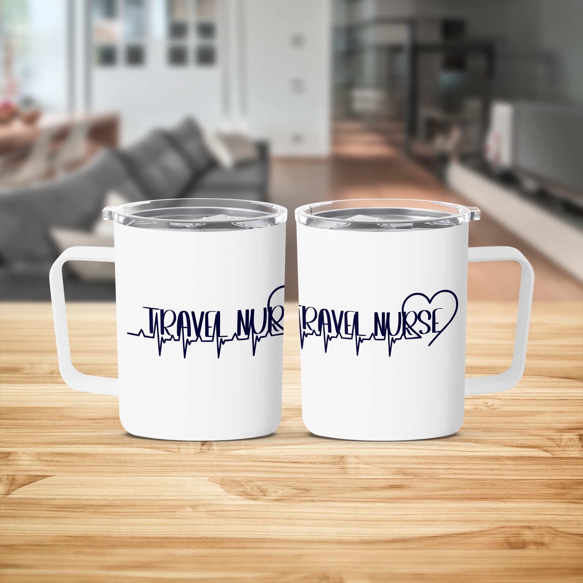 Two white travel mugs with "TRAVEL NURSE" and a heartbeat design.