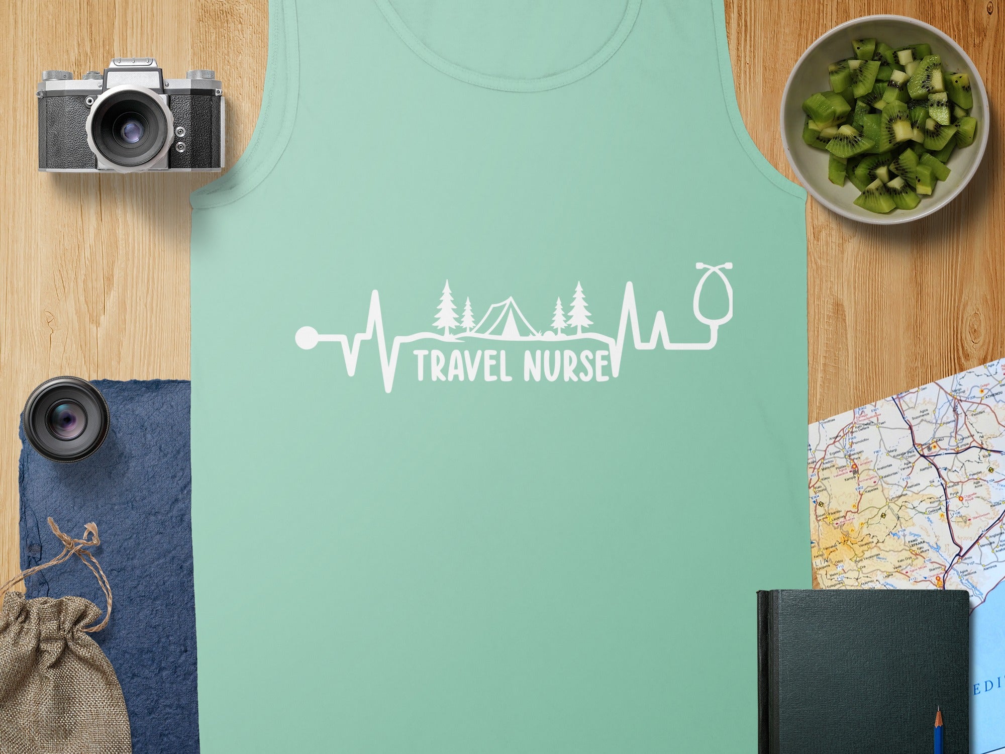 Light green tank top with a white electrocardiogram graphic featuring a tent and trees.