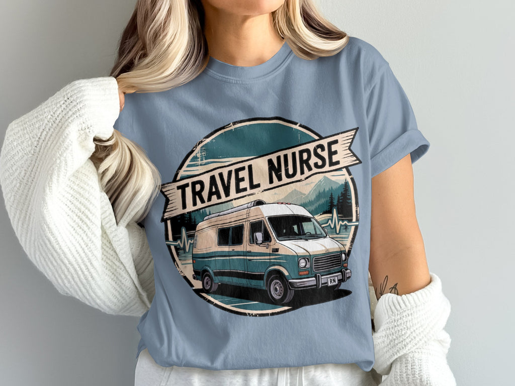 Teal and white van with mountains and trees, "Travel Nurse" banner.