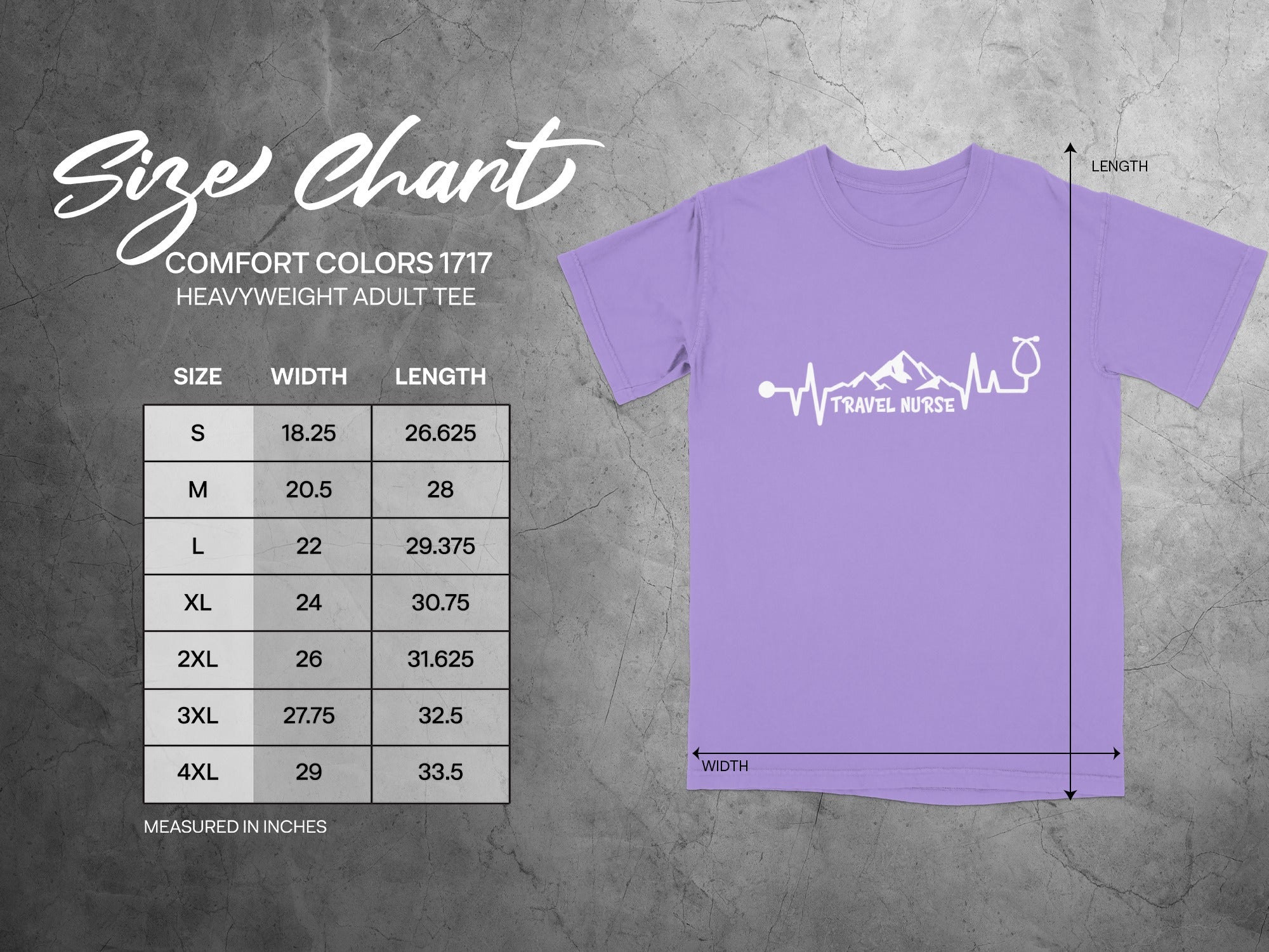 Size chart with Comfort Colors 1717 heavyweight adult tee dimensions and "Travel Nurse" graphic.
