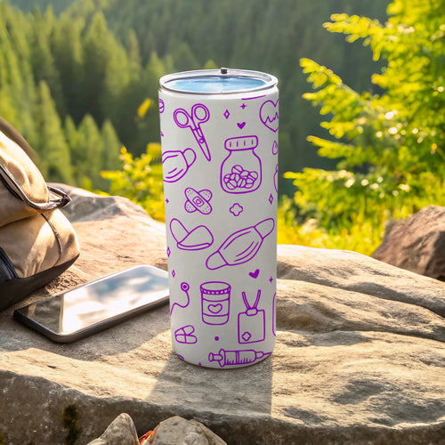 Purple medical icons on white tumbler with phone and backpack outdoors.