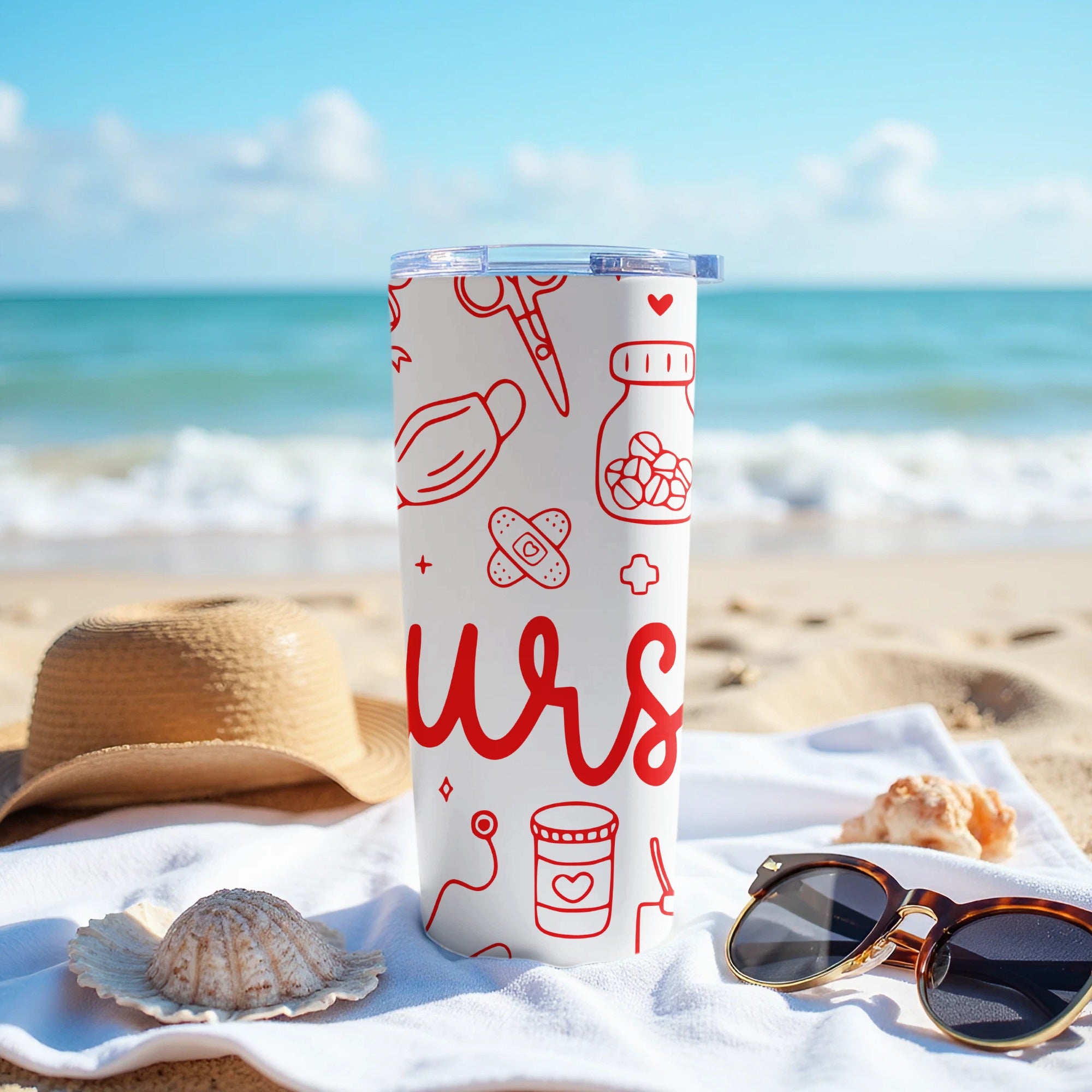 Red medical icons on a white tumbler with beach background.