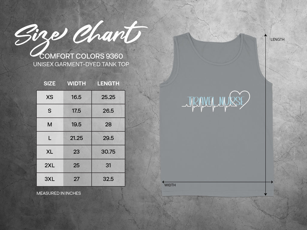 Comfort Colors 9360 unisex tank top size chart with measurements in inches.