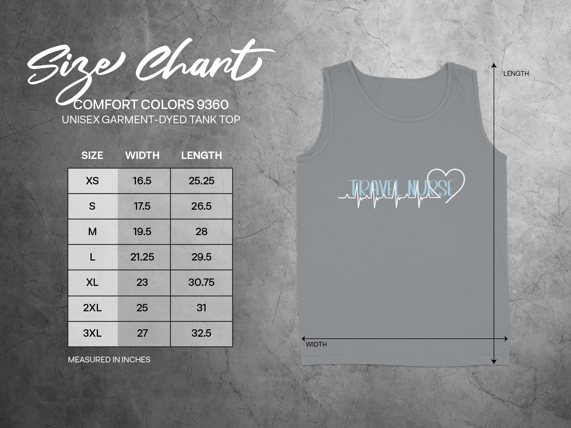Comfort Colors 9360 unisex tank top size chart with measurements in inches.