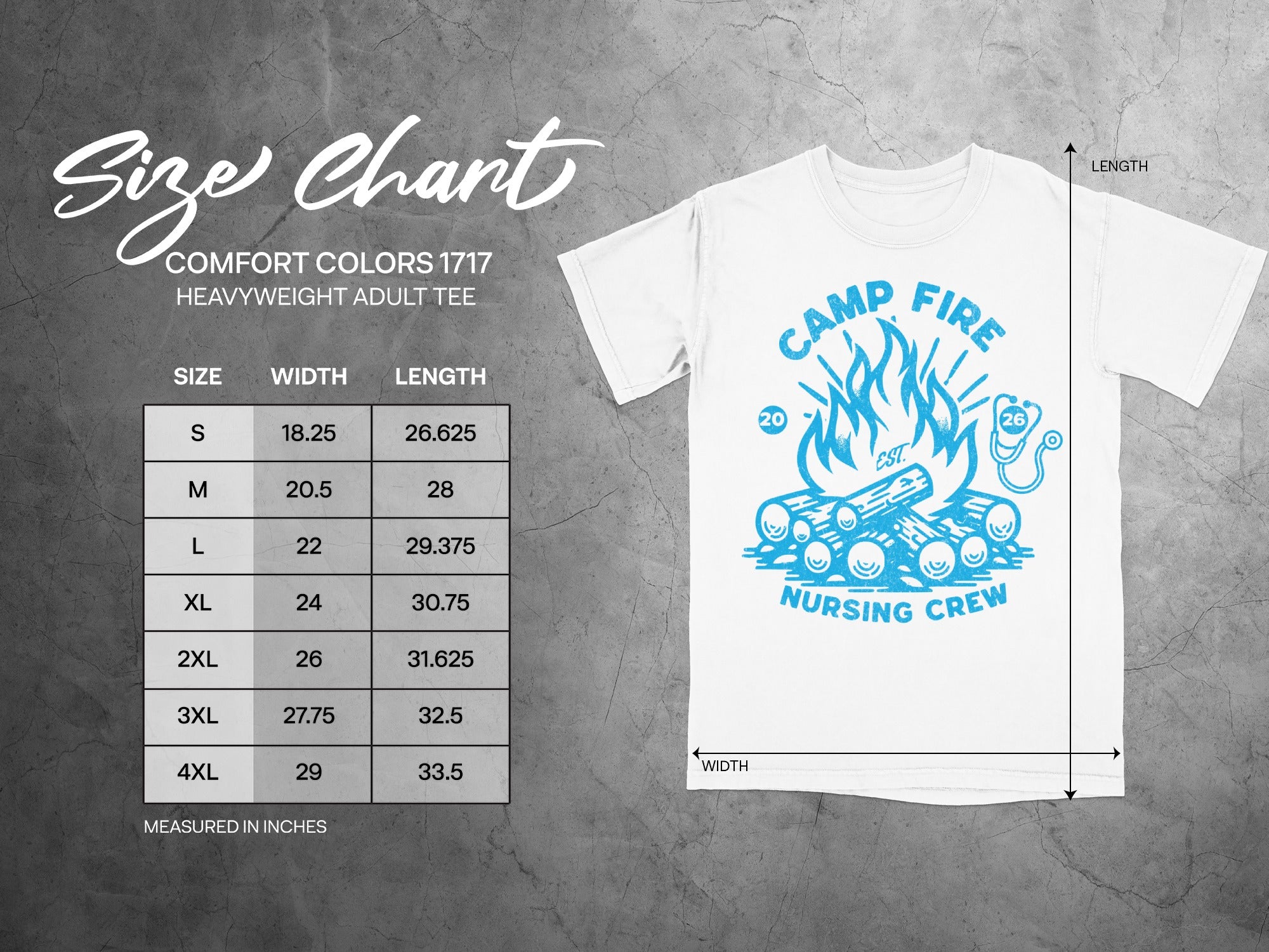 Size chart for Comfort Colors 1717 heavyweight adult tee with "Camp Fire Nursing Crew" graphic.