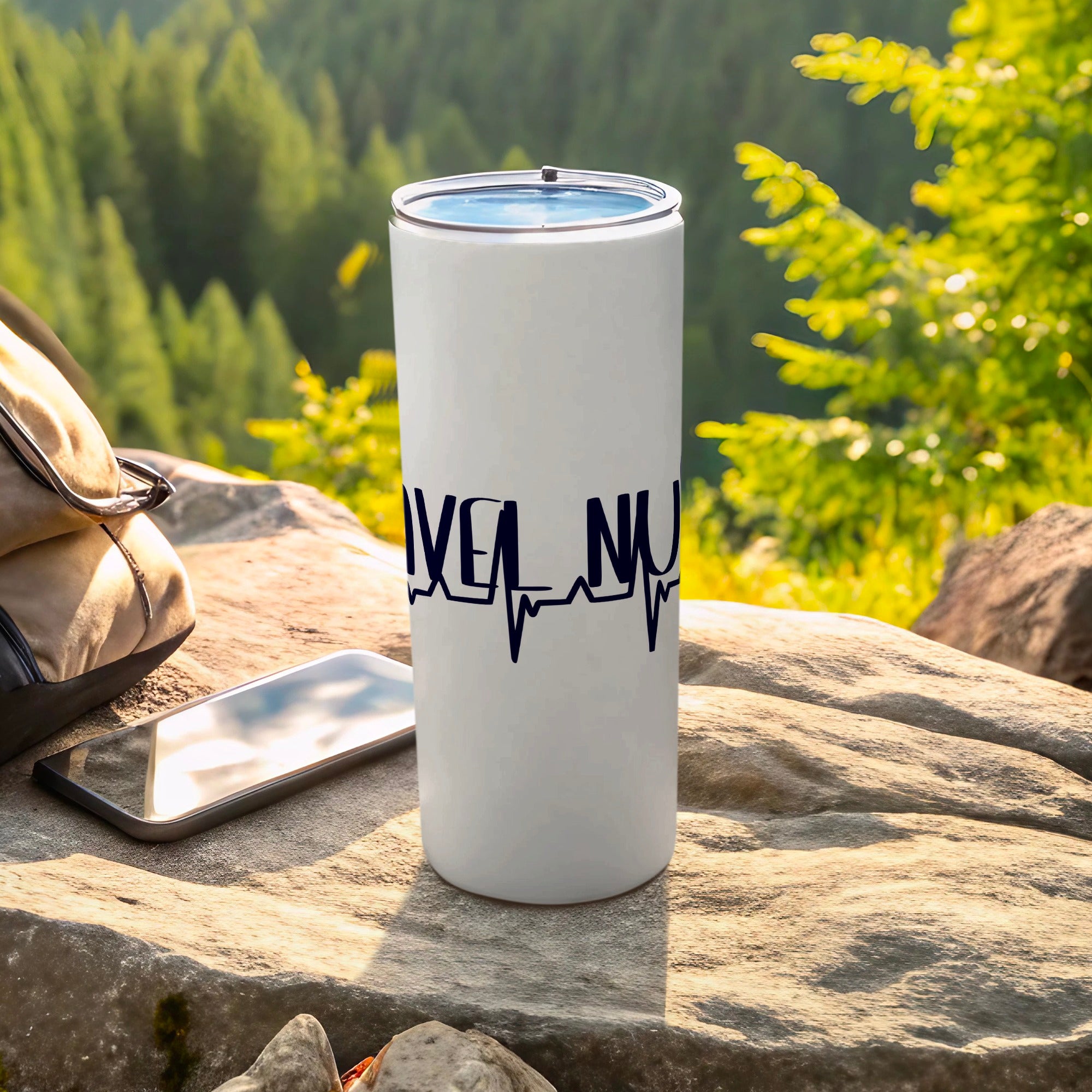 White tumbler with "TRAVEL NURSE" text and a heartbeat line graphic.