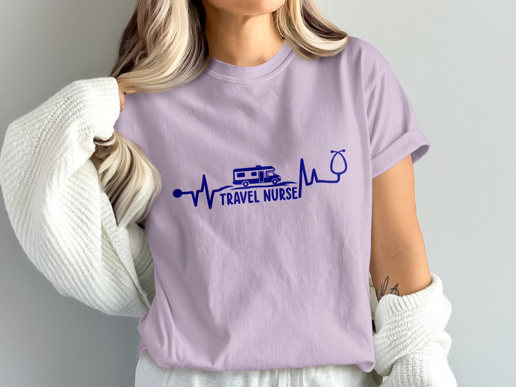Purple t-shirt with RV and stethoscope heartbeat graphic and text.