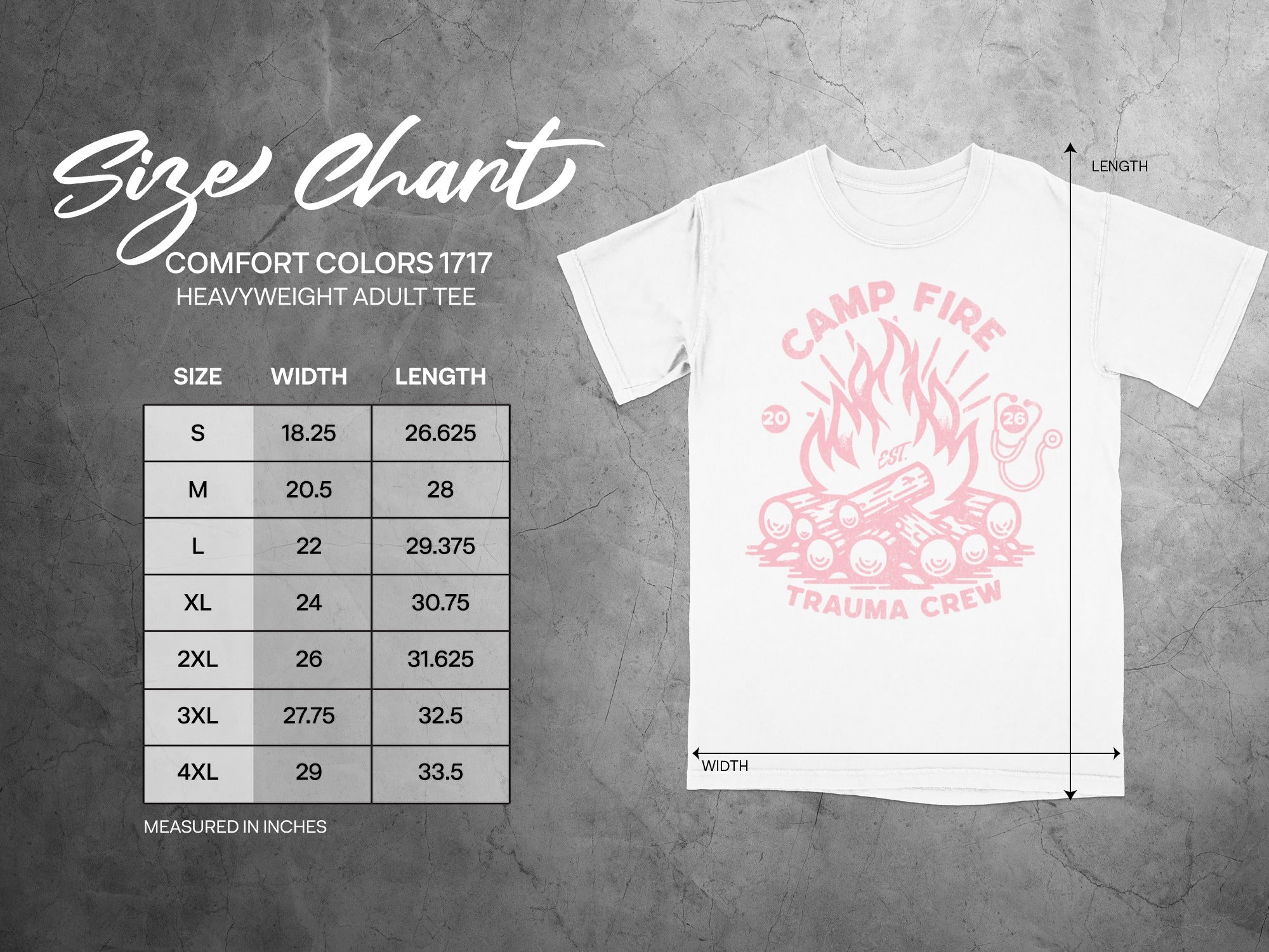 Comfort Colors 1717 size chart for a heavyweight adult tee with "Camp Fire Trauma Crew" graphic.