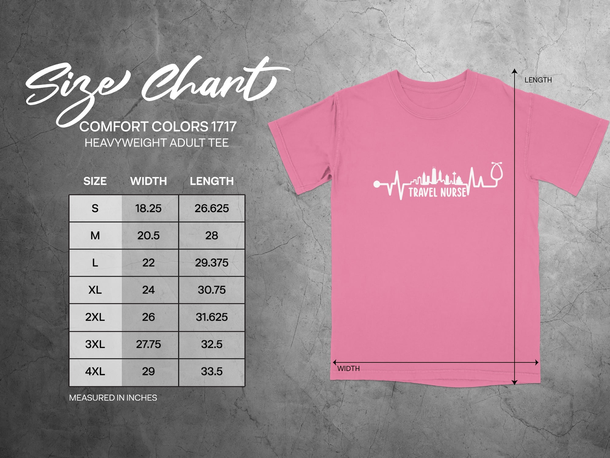 Comfort Colors 1717 Heavyweight Adult Tee size chart with width and length measurements.