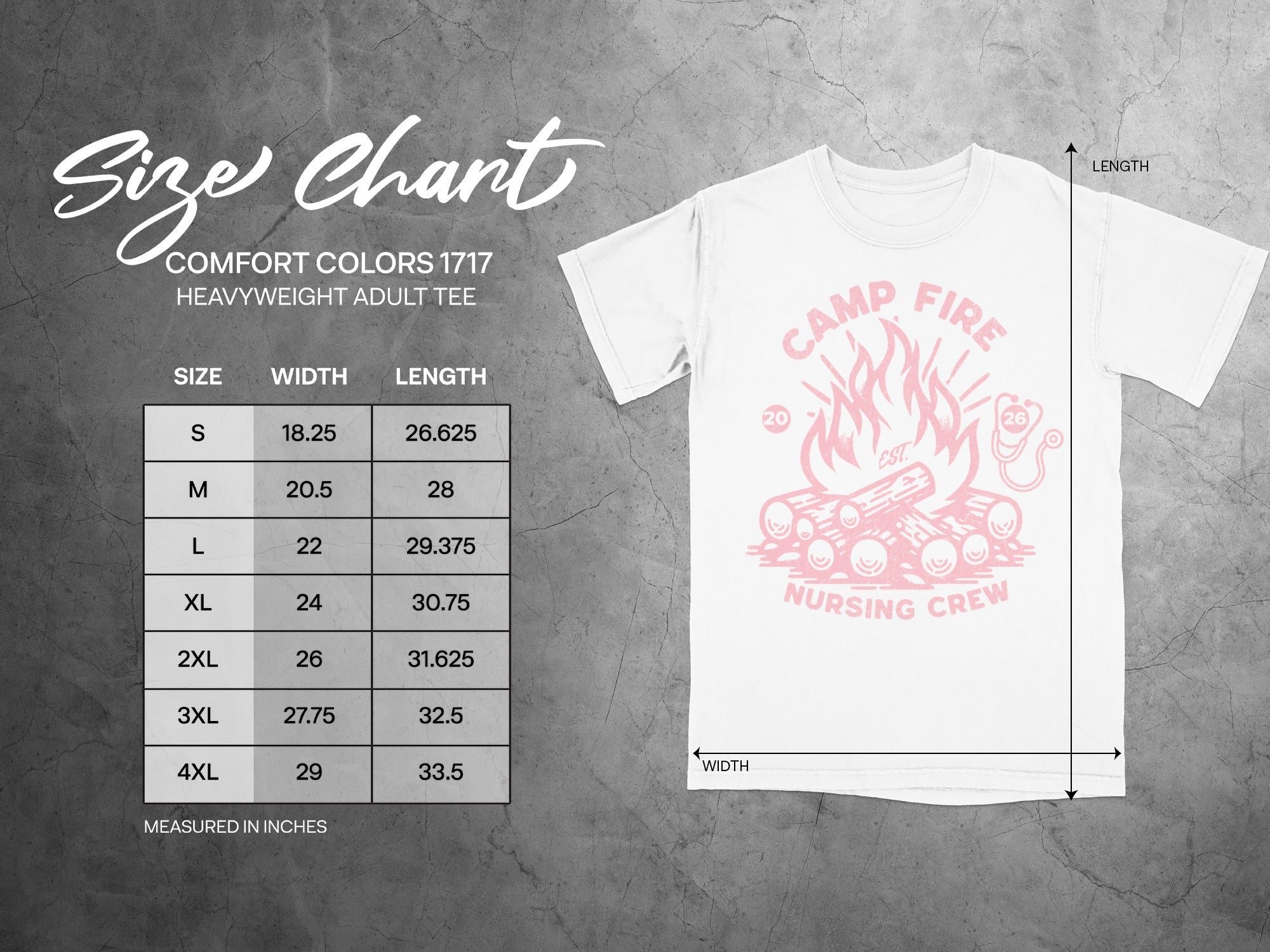 Comfort Colors size chart for heavyweight adult tee with "Camp Fire Nursing Crew" graphic.
