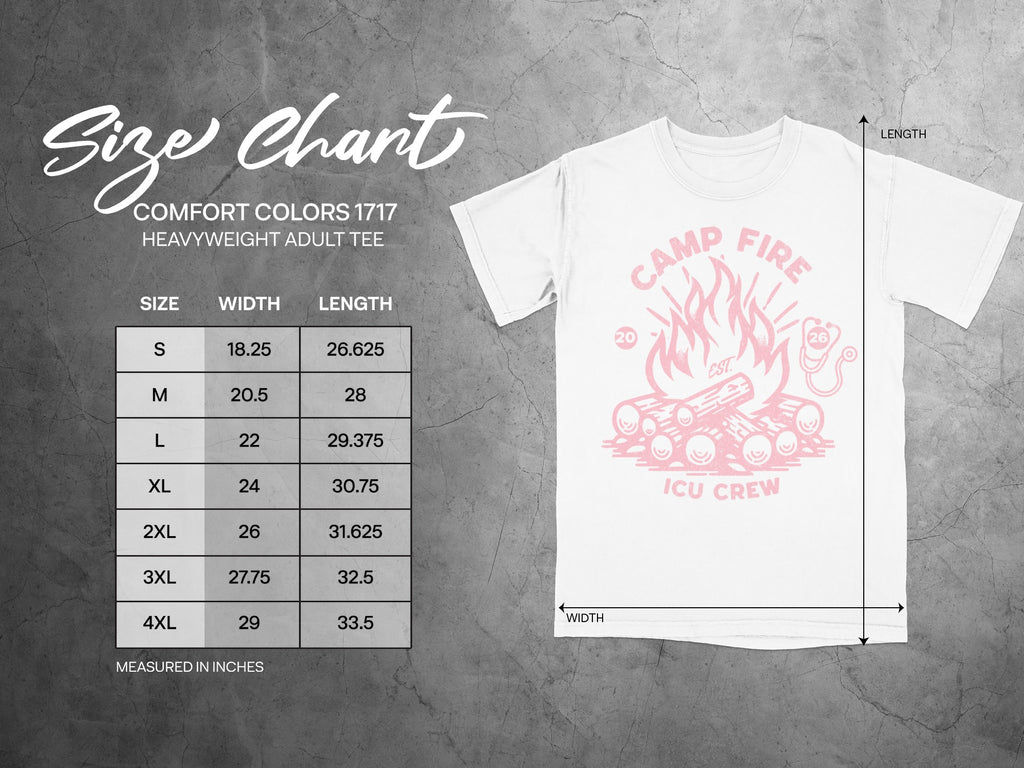 Comfort Colors 1717 Heavyweight Adult Tee size chart with measurements in inches.
