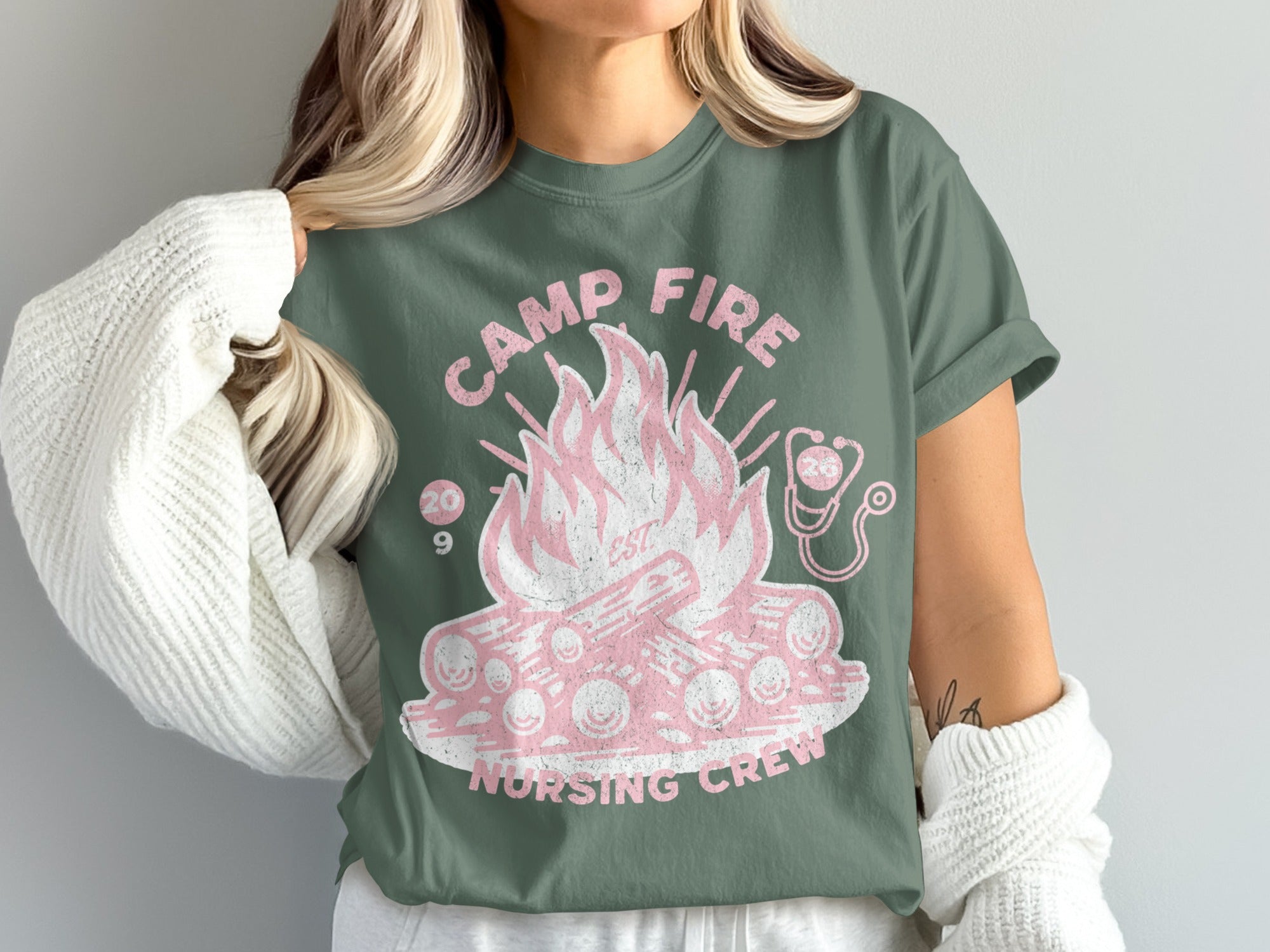 Camp Fire Nursing Crew graphic t-shirt with flames and a stethoscope.