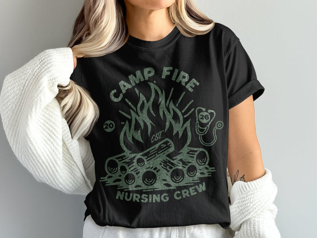 Black t-shirt with campfire and "Camp Fire Nursing Crew" text.