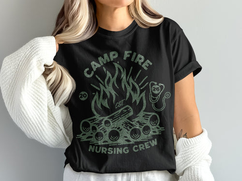 Black t-shirt with campfire and "Camp Fire Nursing Crew" text.