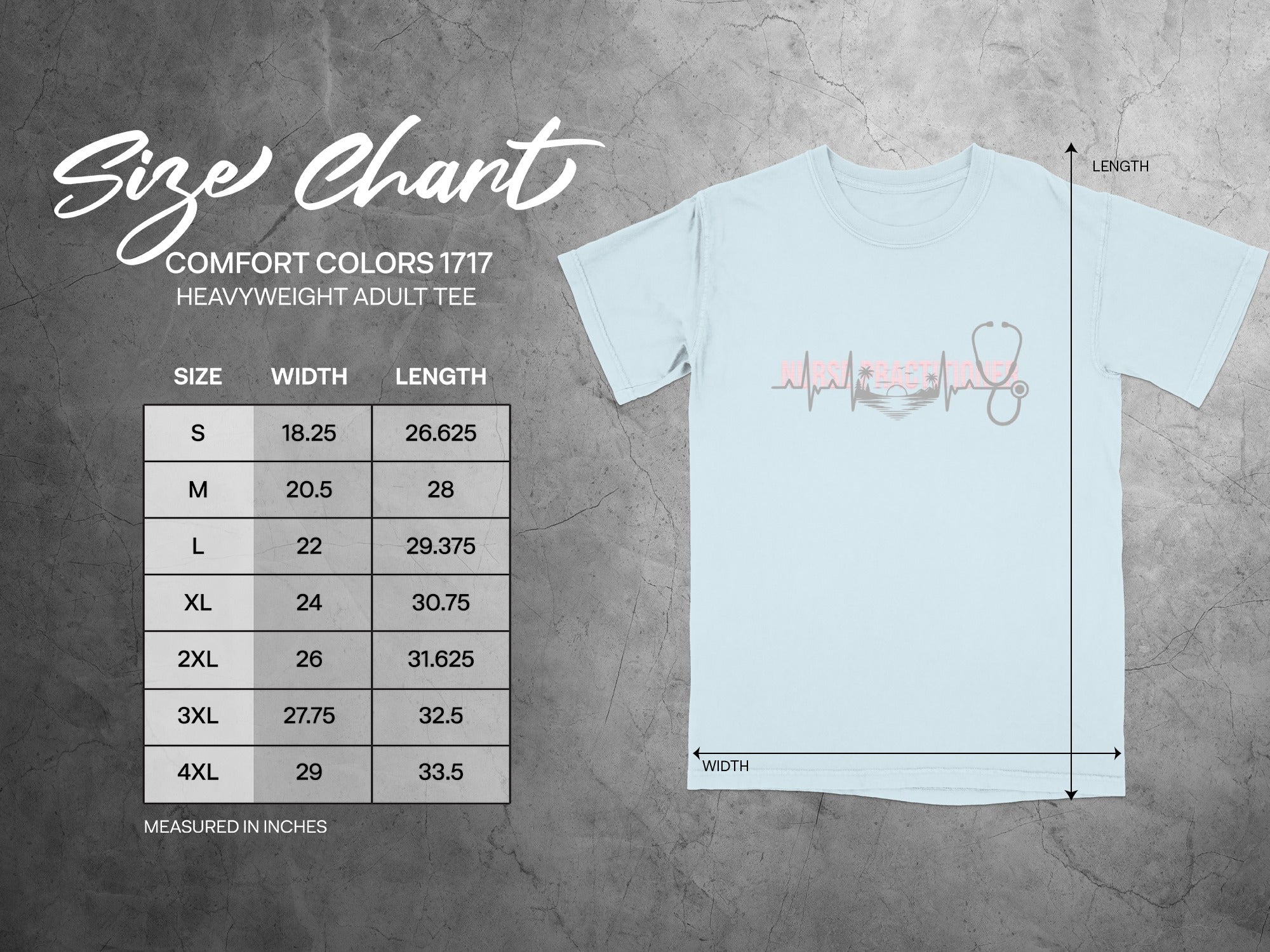Comfort Colors 1717 heavyweight adult tee size chart showing width and length in inches.
