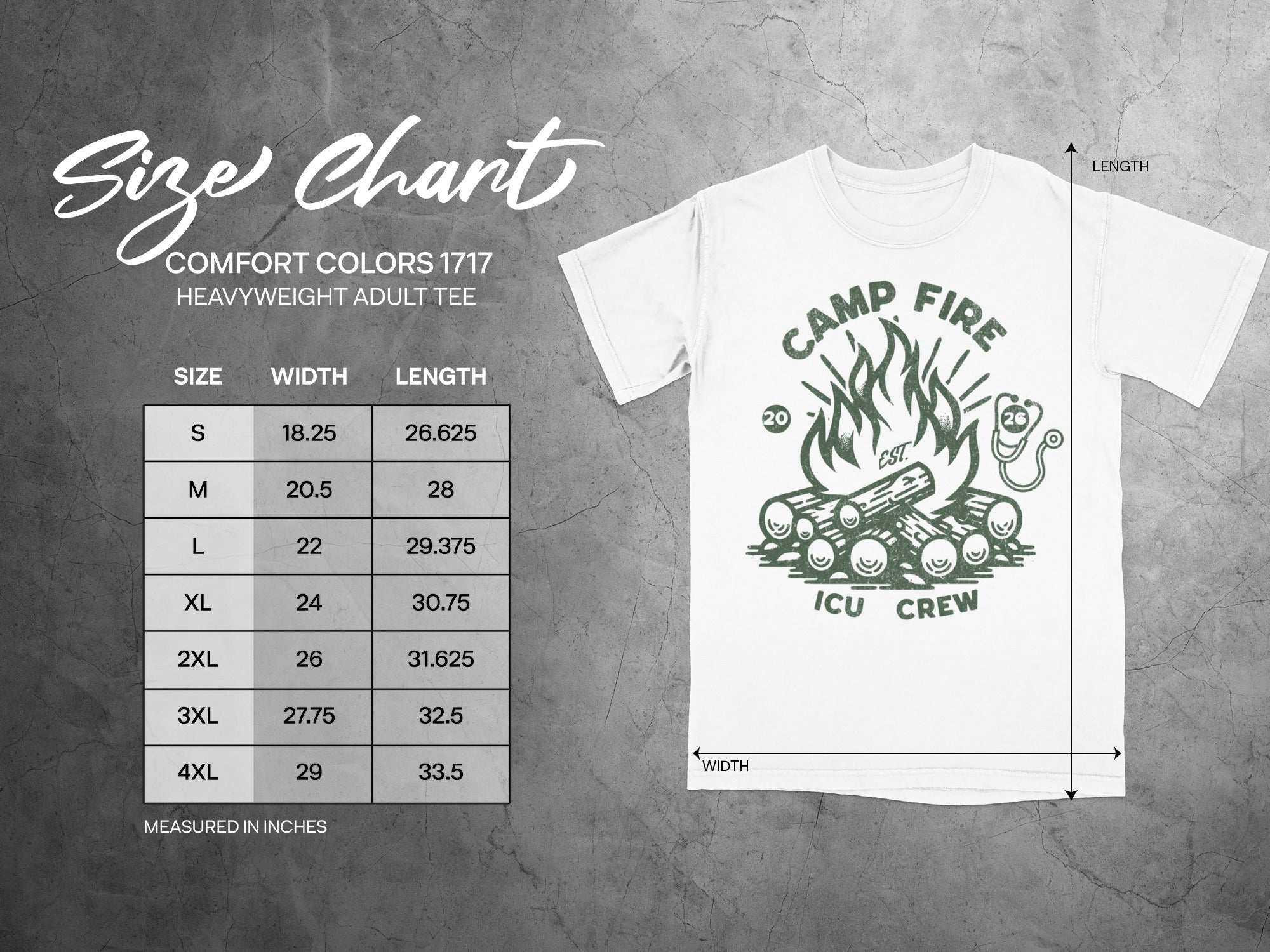 Camp Fire ICU Crew t-shirt size chart showing measurements in inches.