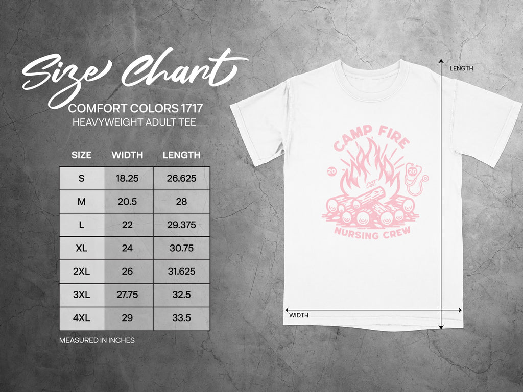 Comfort Colors 1717 adult t-shirt size chart with width and length measurements.