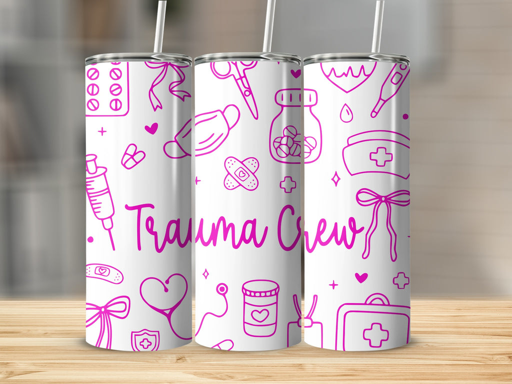 Pink outline drawings of medical items and "Trauma Crew" text on three tumblers.