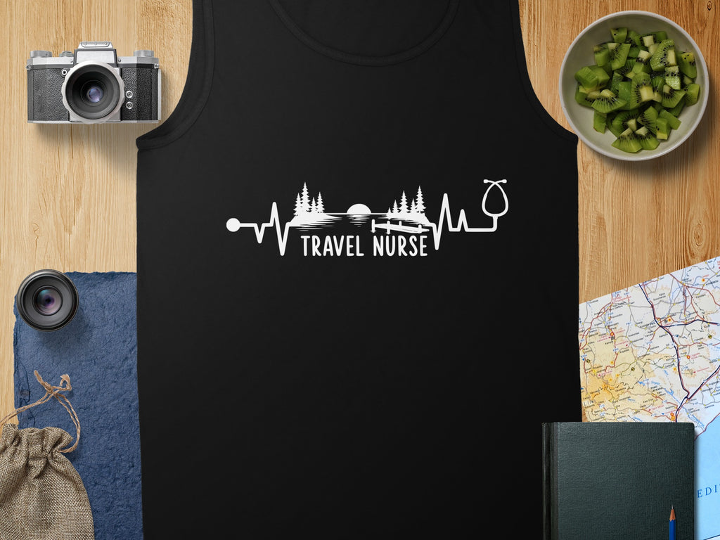 Black tank top with "Travel Nurse" and heartbeat-tree graphic.