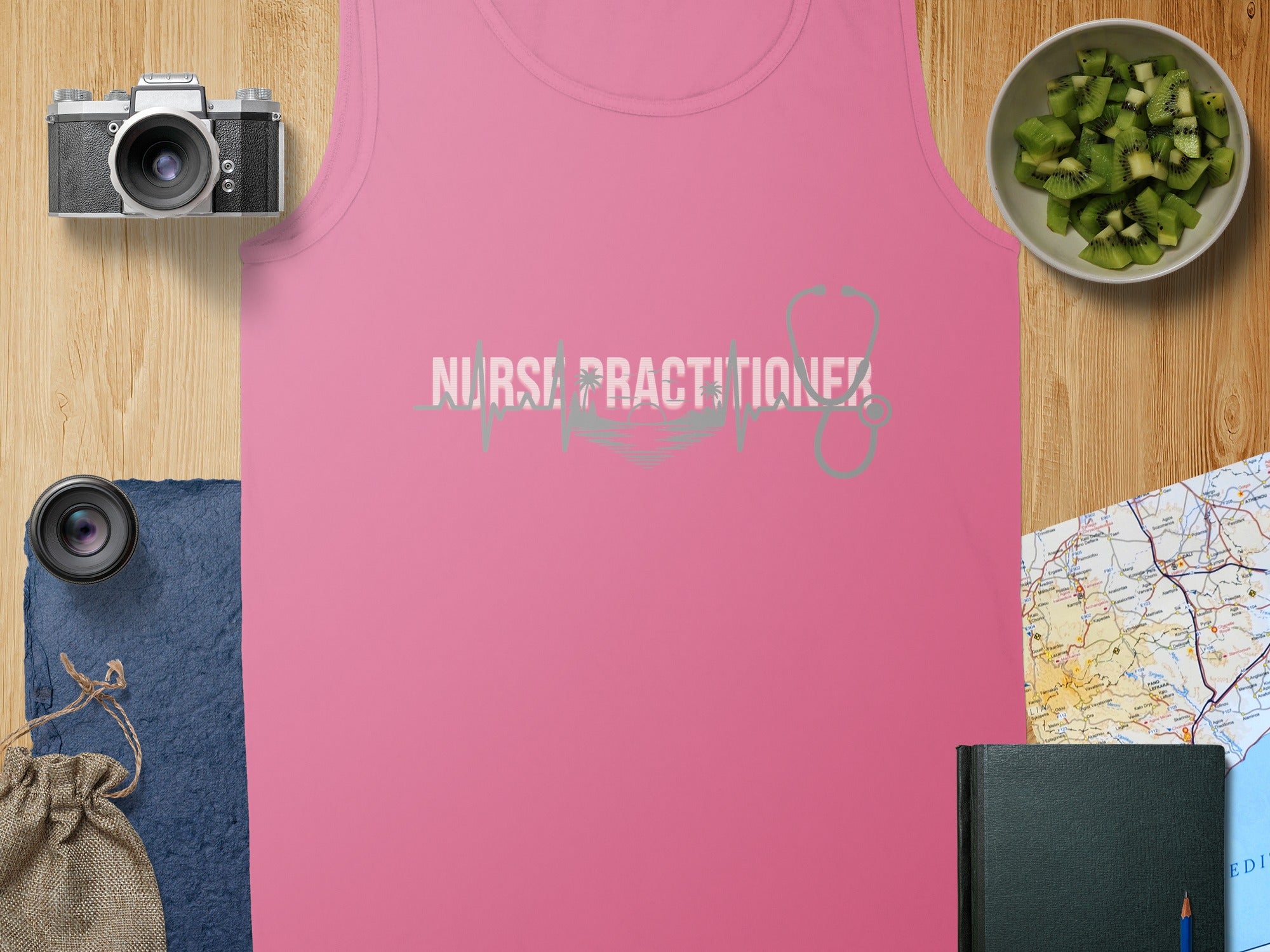 Pink tank top with "Nurse Practitioner" and a stethoscope heartbeat graphic.