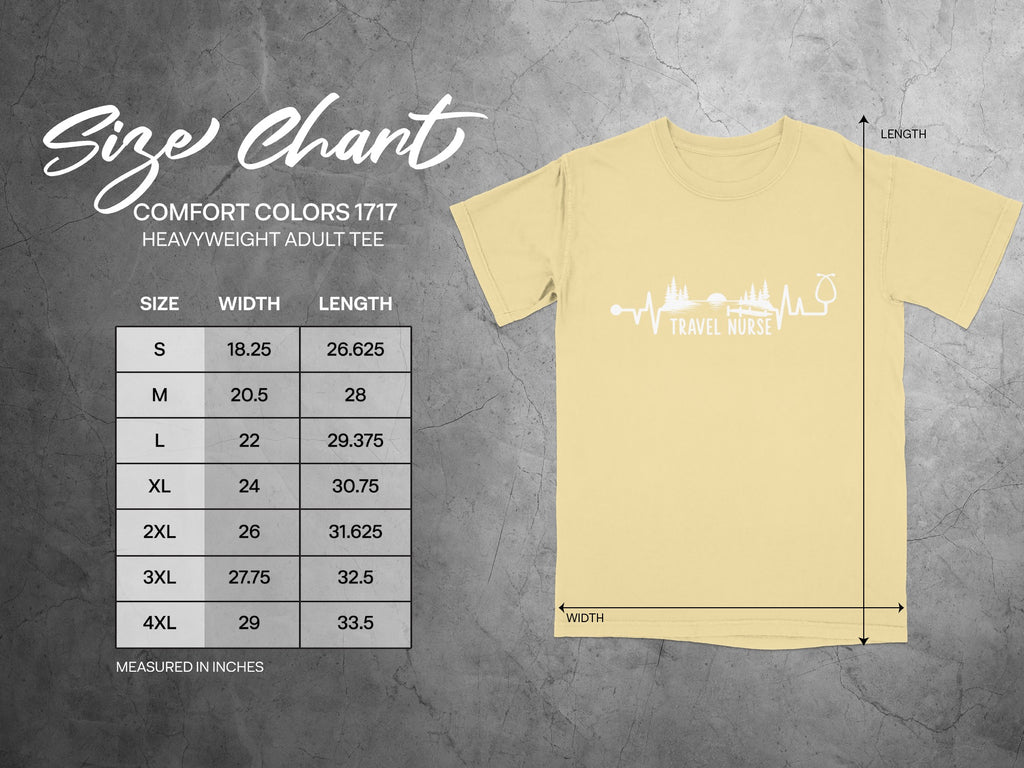 Size chart for Comfort Colors 1717 heavyweight adult tee, measured in inches.