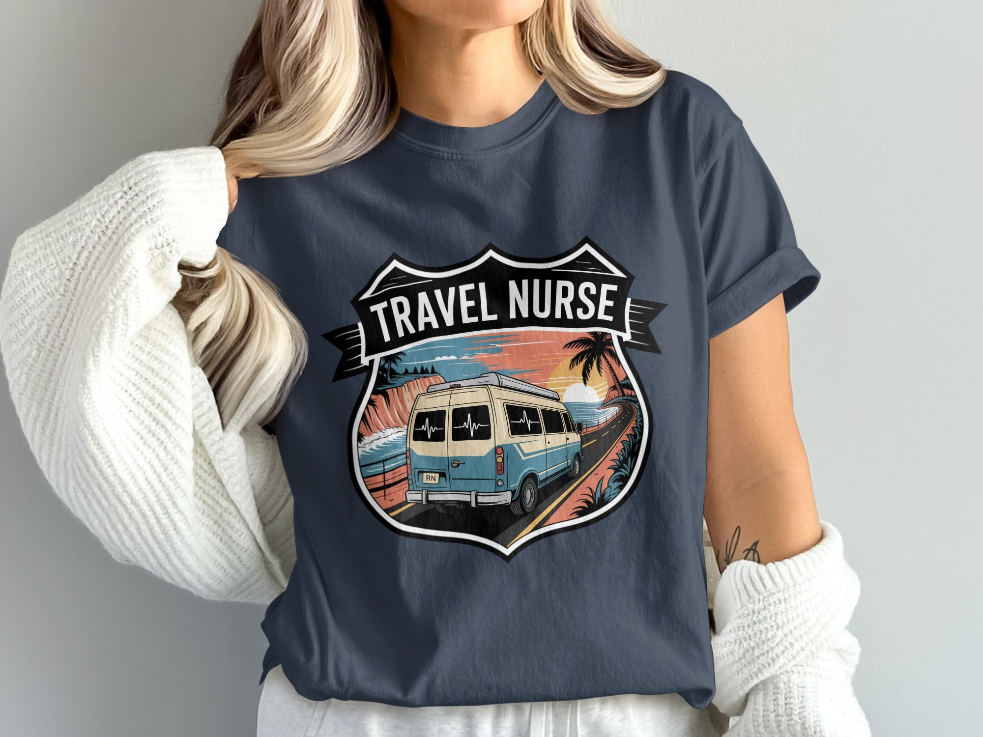Van life travel nurse road trip design with palm trees and ocean.
