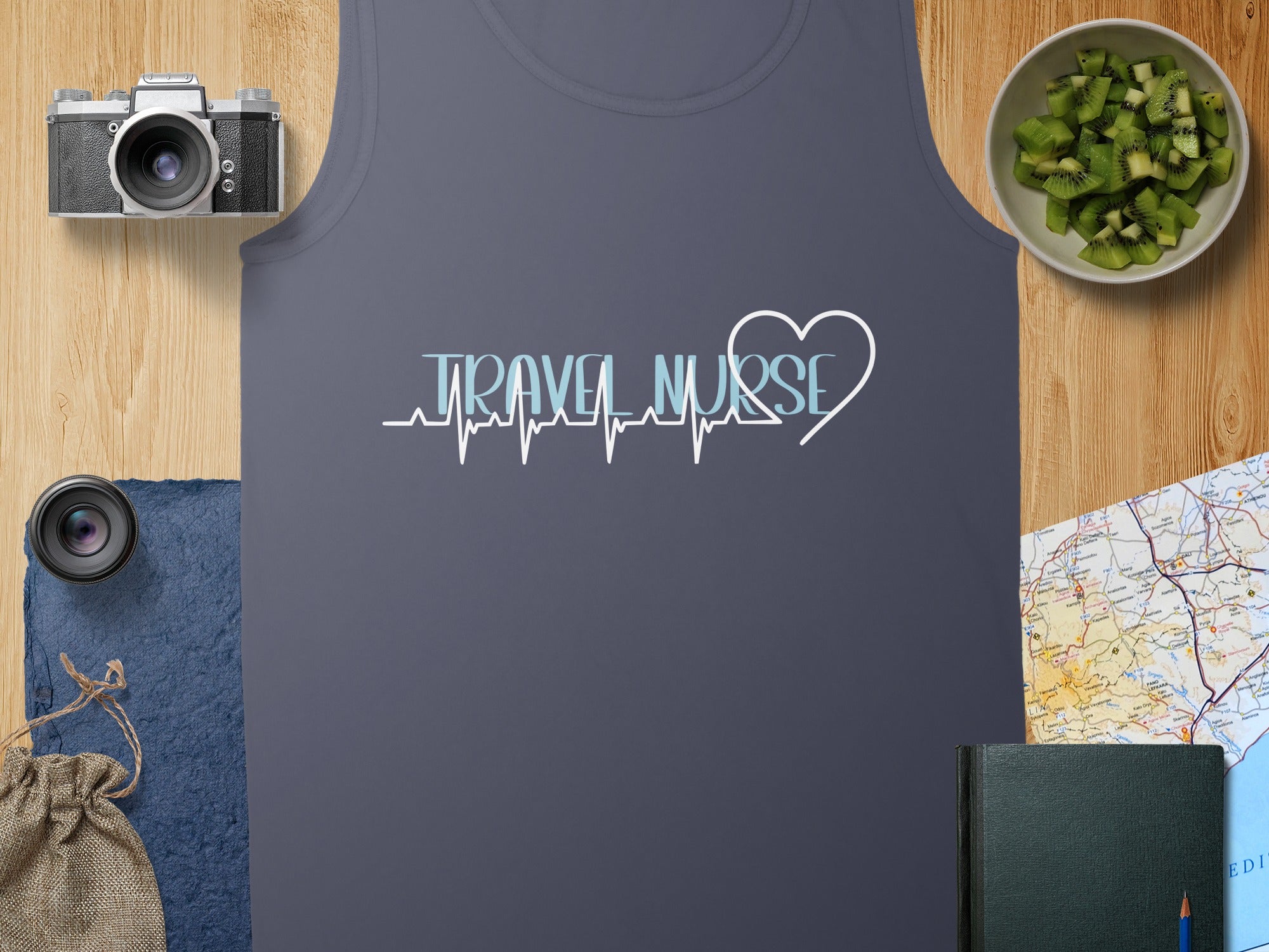 Tank top with "Travel Nurse" and a heart rhythm graphic.