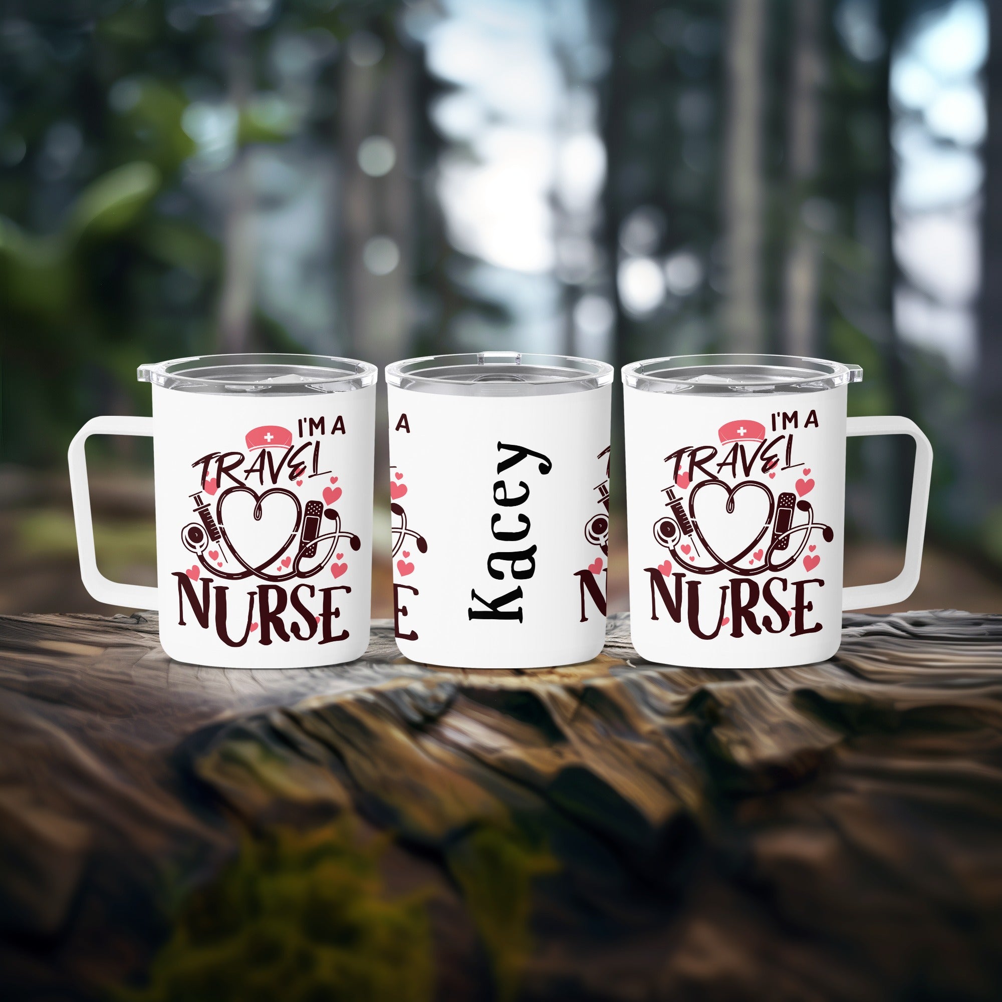 Travel nurse tumbler with heart and stethoscope design.
