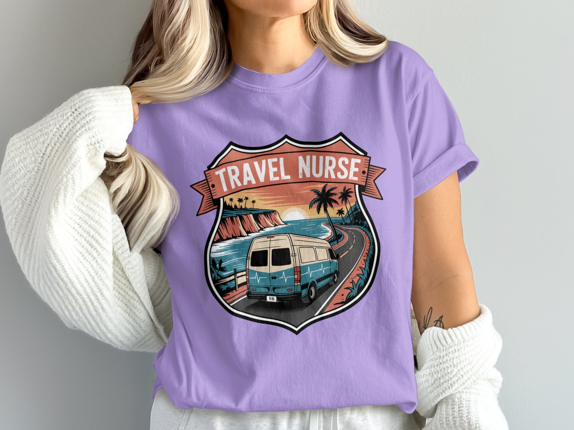Travel Nurse van on a coastal road with palm trees under a sunset.