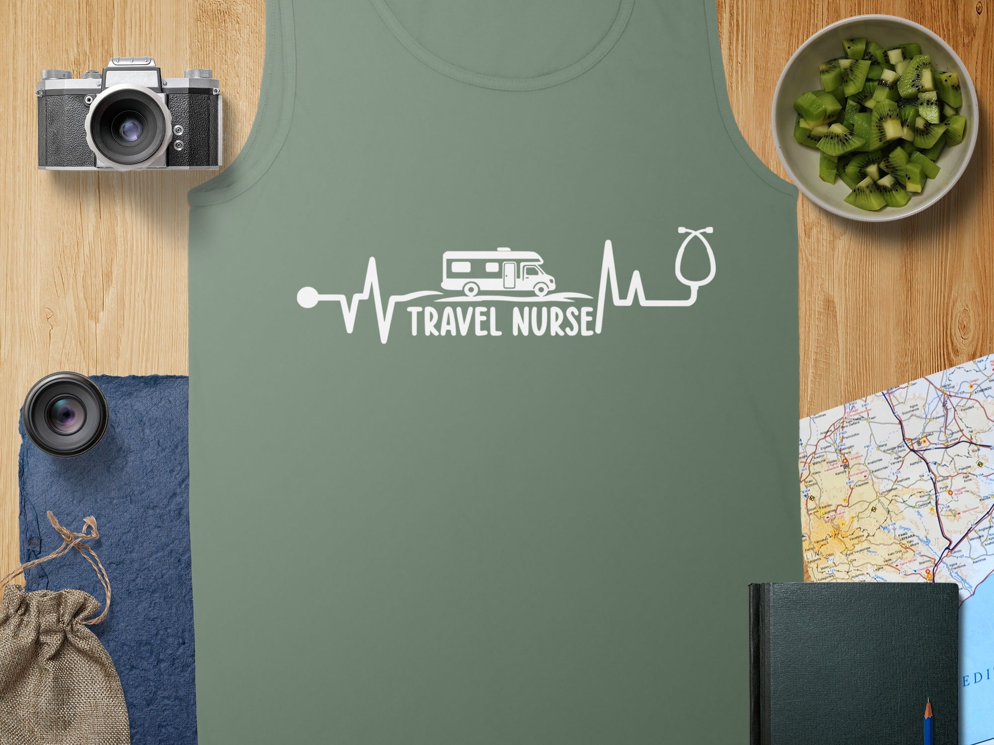 Tank top with "Travel Nurse" and heartbeat graphic, RV, and stethoscope.