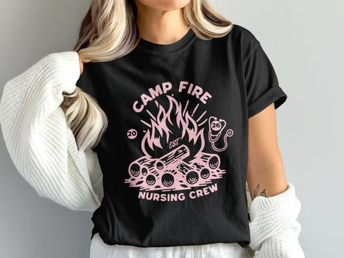 Black t-shirt with pink campfire, logs, flames, and stethoscope graphic.