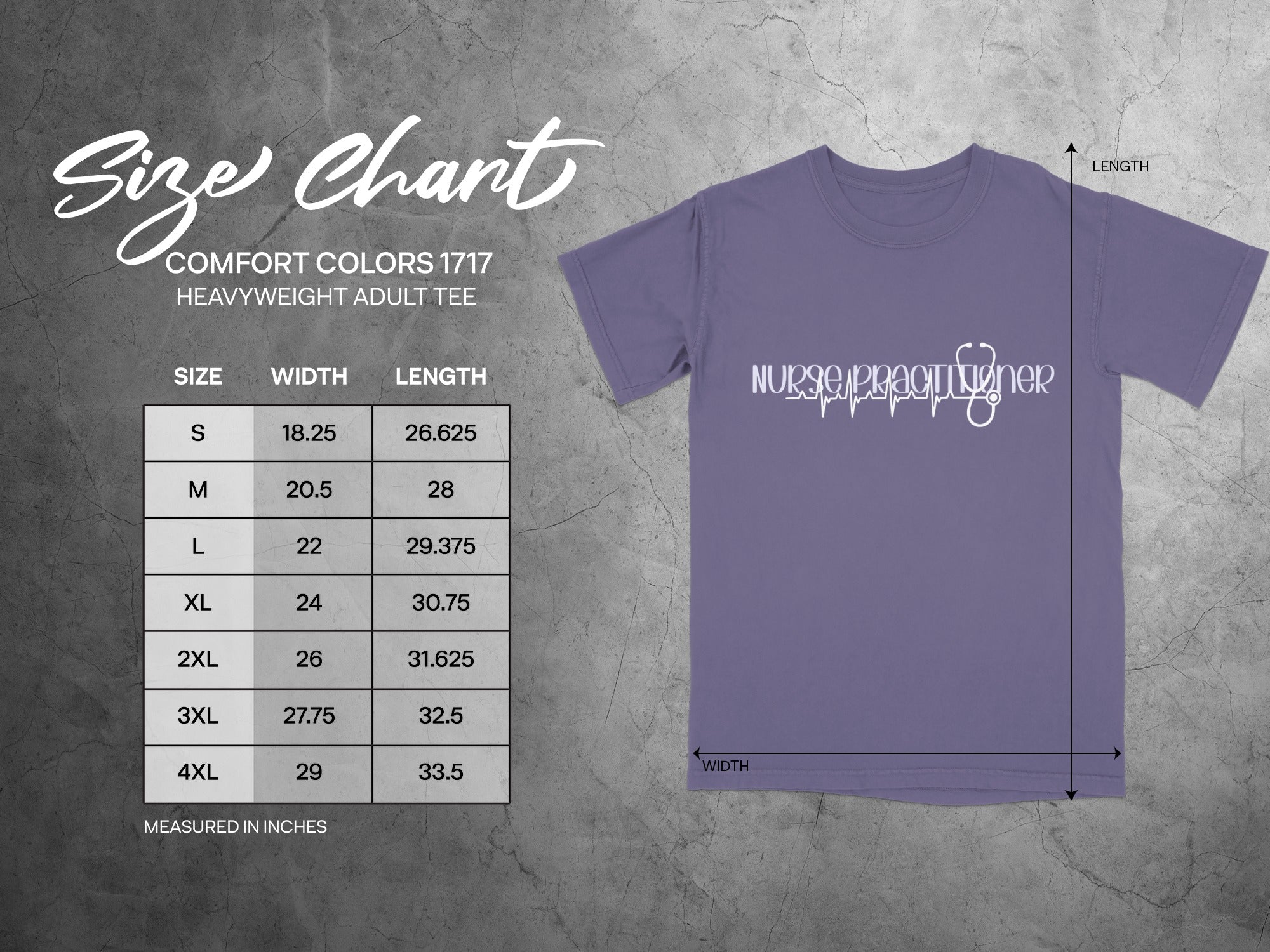 Size chart for Comfort Colors 1717 heavyweight adult tee.