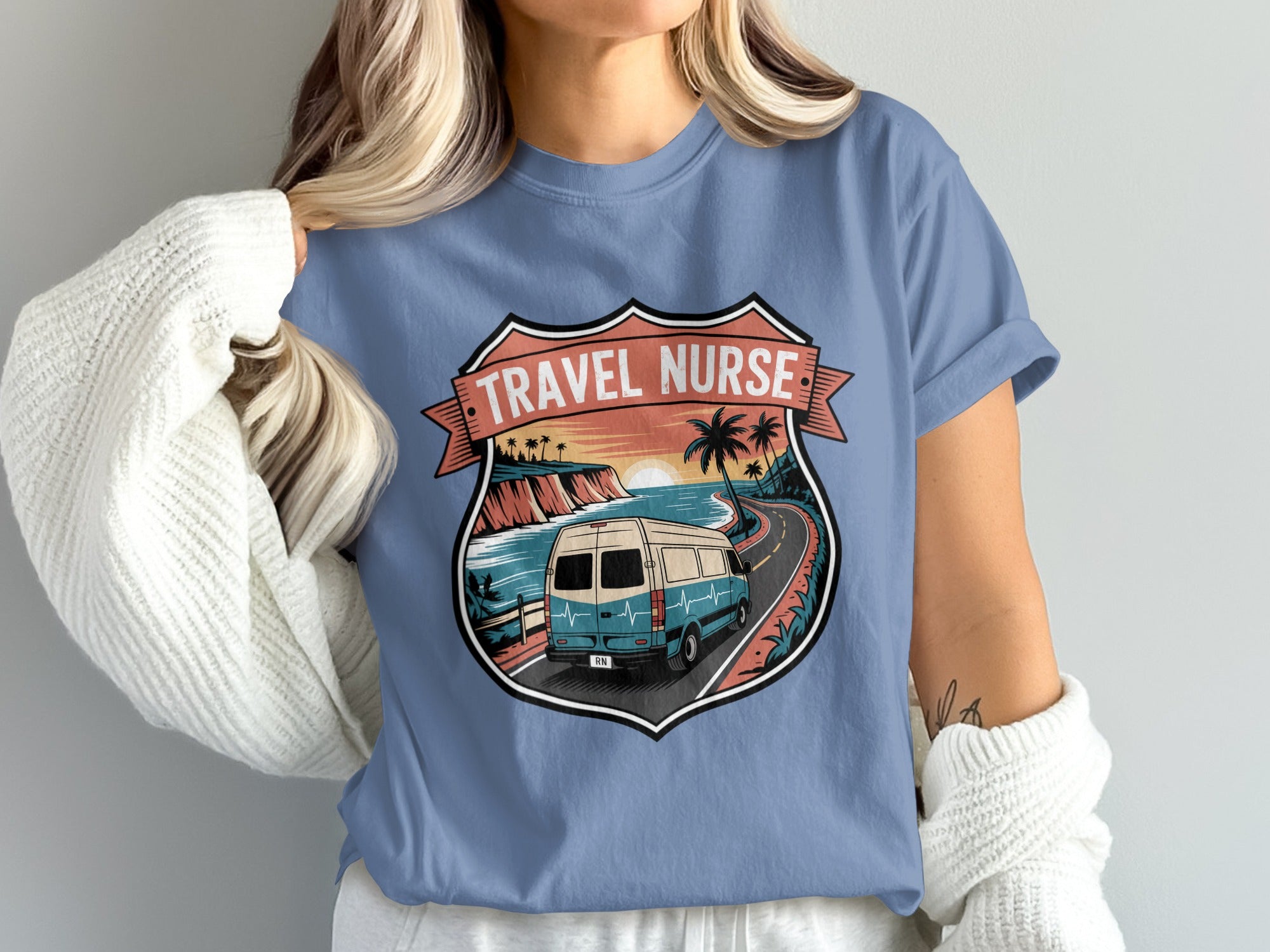 Van driving on scenic coastal road under sunset with "Travel Nurse" text.
