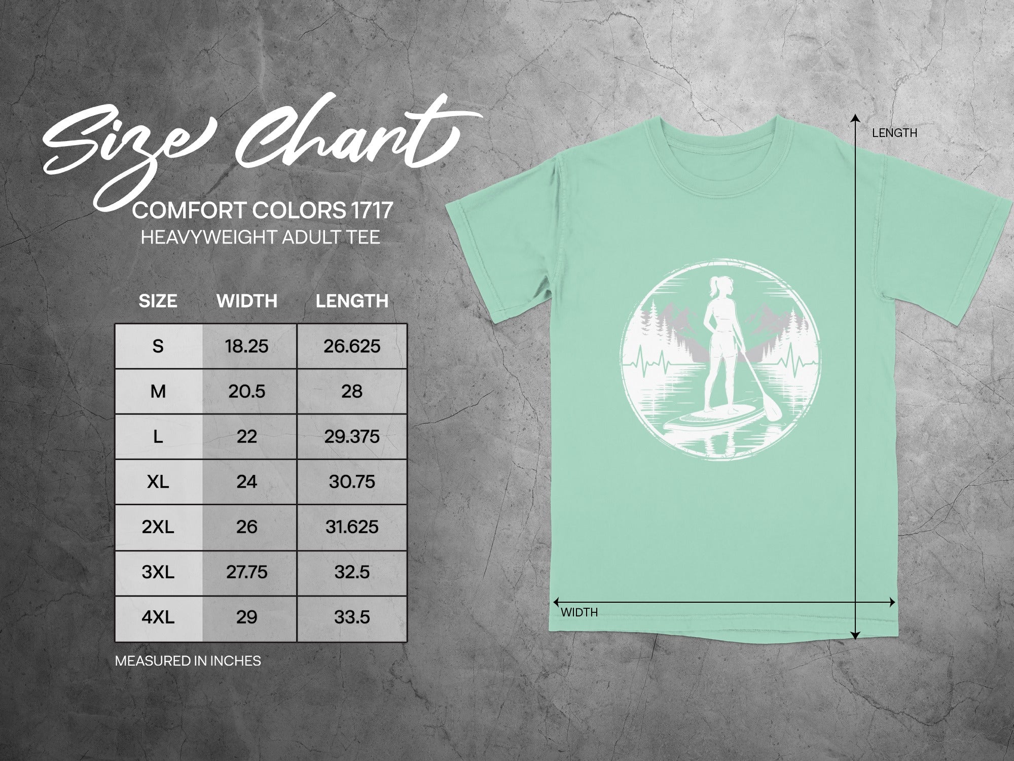 Size chart for Comfort Colors 1717 heavyweight adult tee in inches.