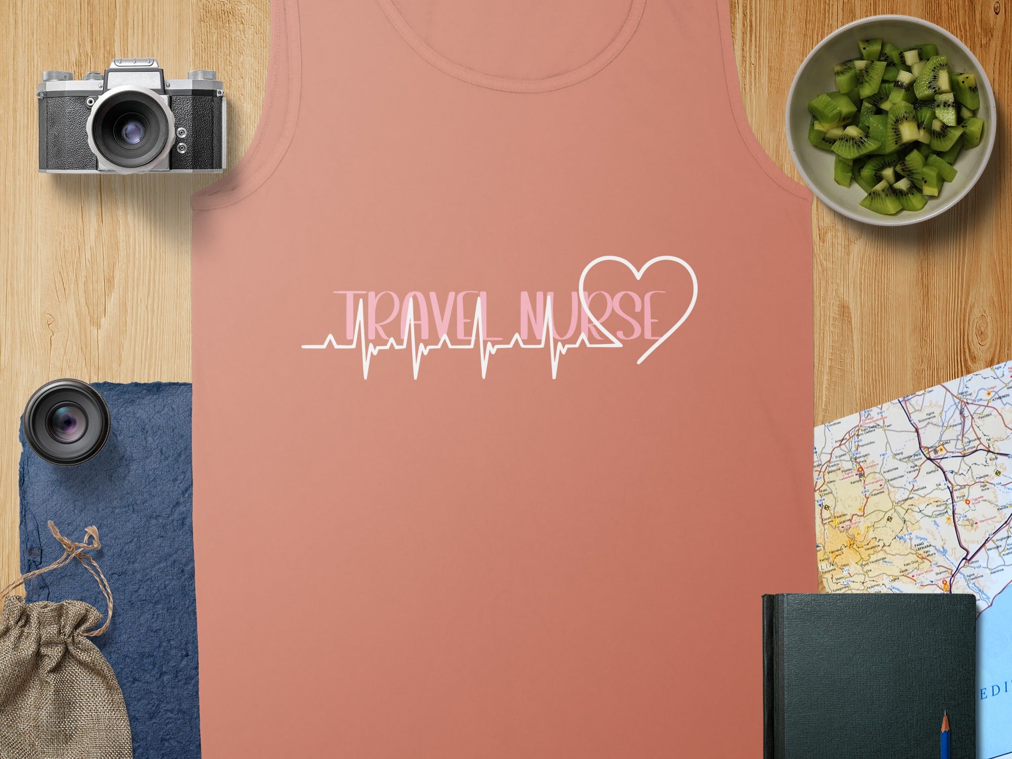 Peach tank top with "Travel Nurse" heartbeat graphic and heart.